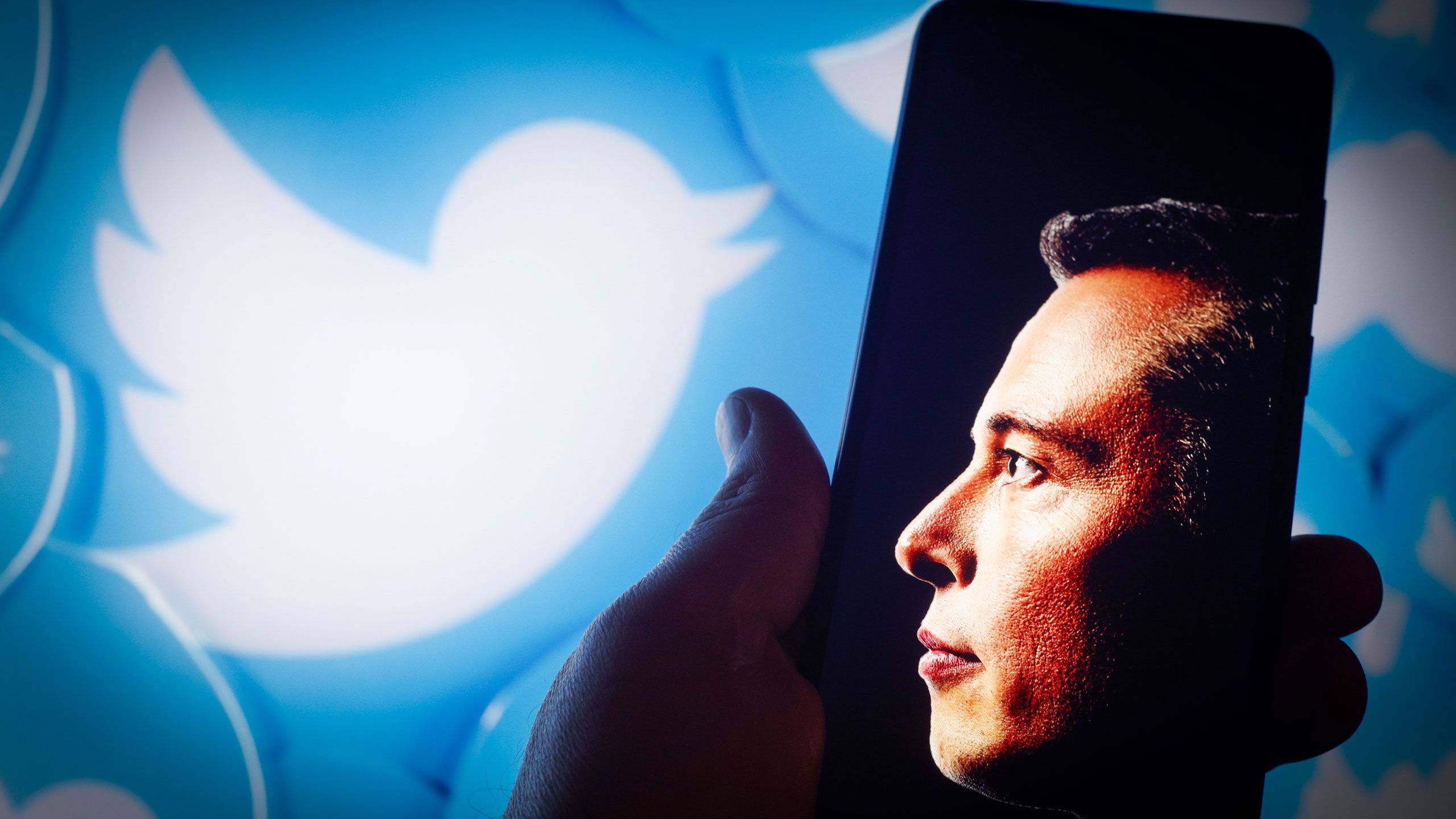 An image of Elon Musk on a smartphone screen with the Twitter logo in the background.