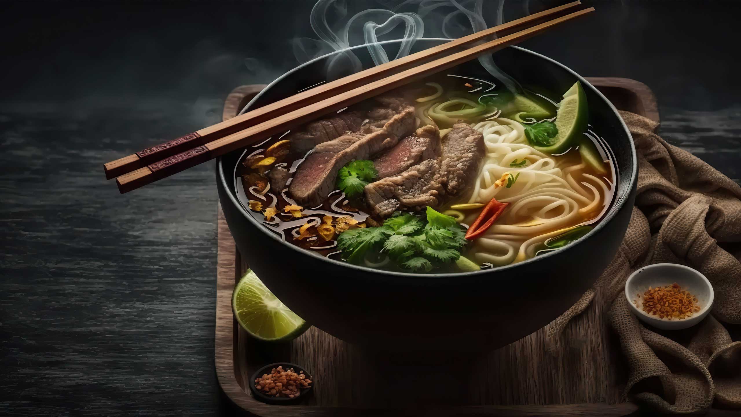 A bowl of Ramen, a classic Asian soup with noodles and meat, as well as wooden chopsticks