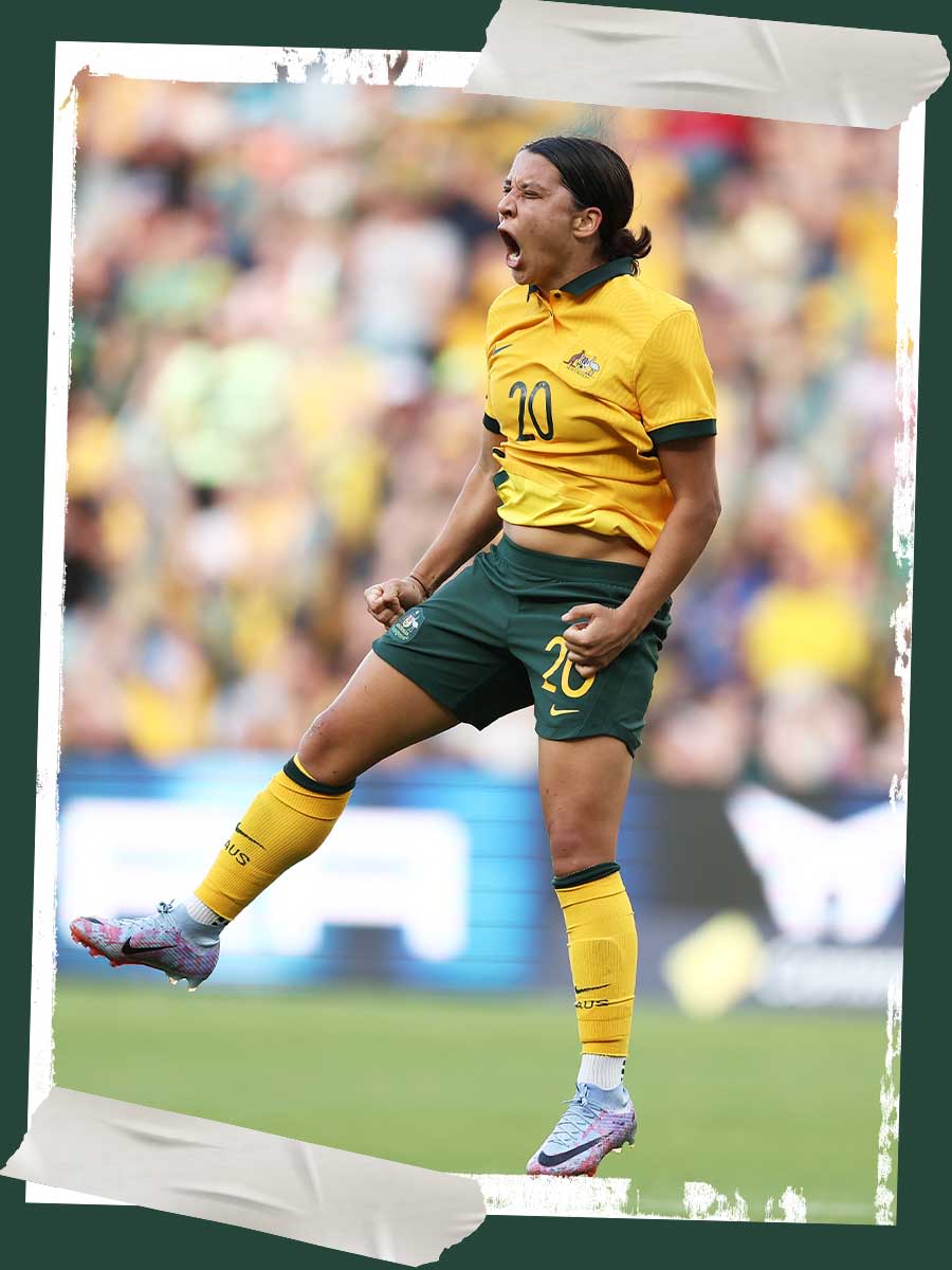 An image Matildas superstar Sam Kerr celebrating after kicking a goal.