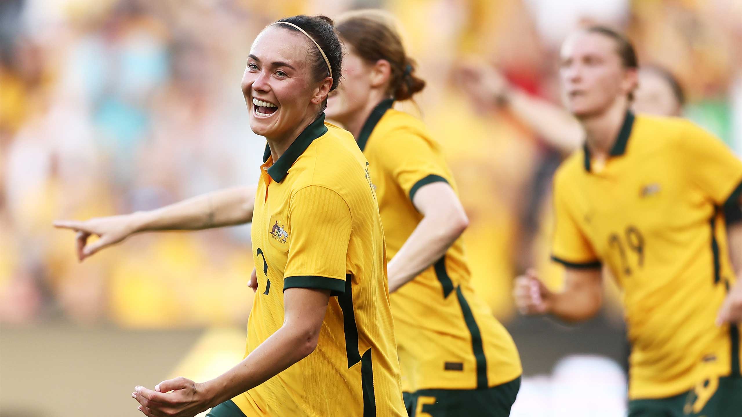 Matildas forward Caitlin Foord celebrates after scoring against Spain during the 2023 Cup of Nations.