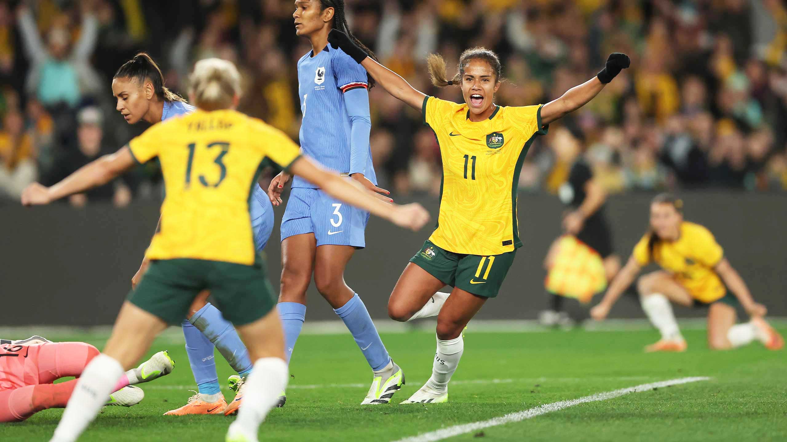 Mary Fowler celebrates after scoring the winning goal against France in the Matildas' final match before the World Cup.