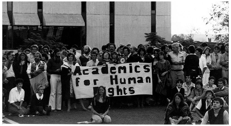 Demonstrators and police at Mayne Hall 10 May 1985.