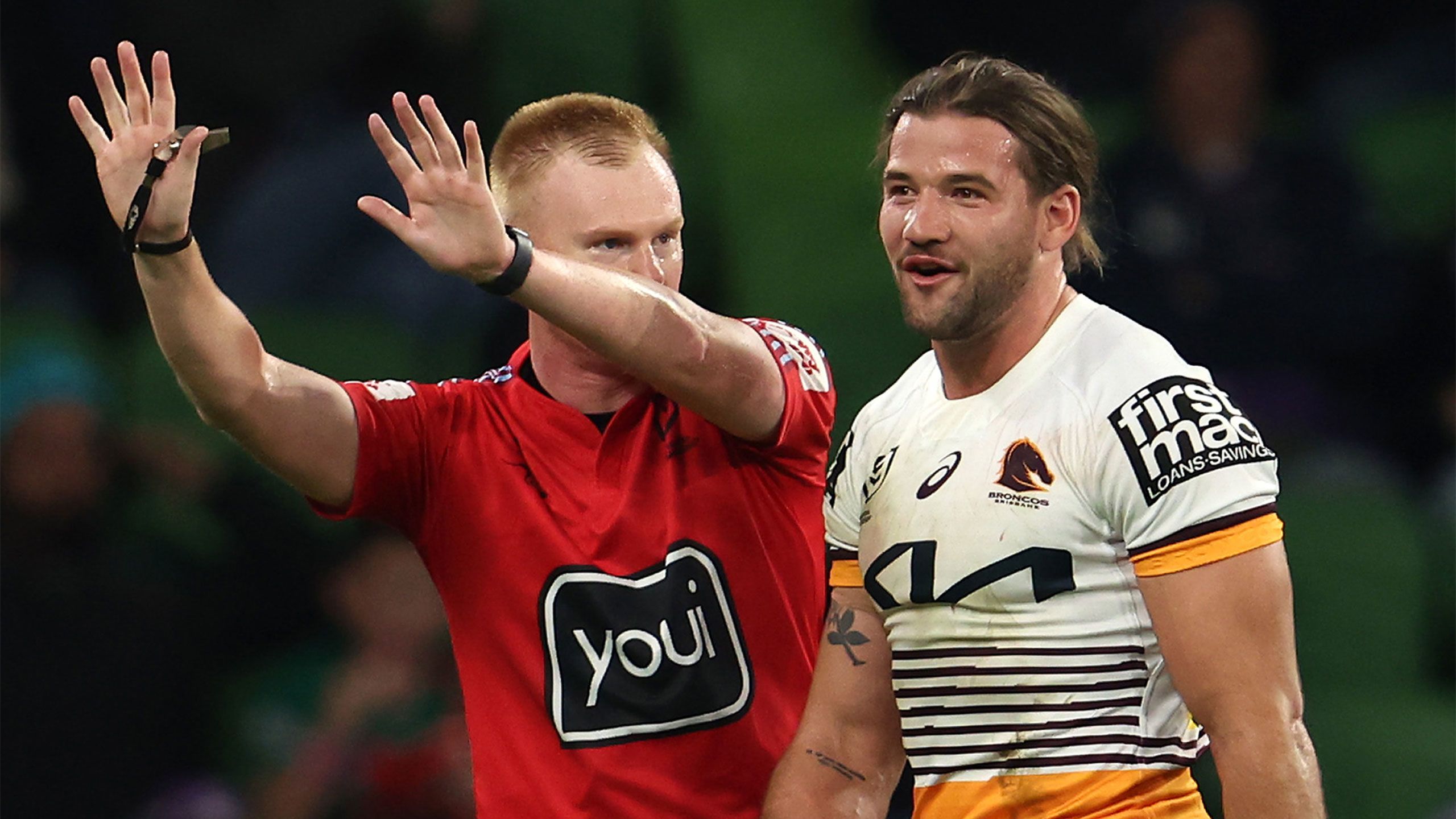 Pat Carrigan is sin binned by the referee against the Storm in round 11.