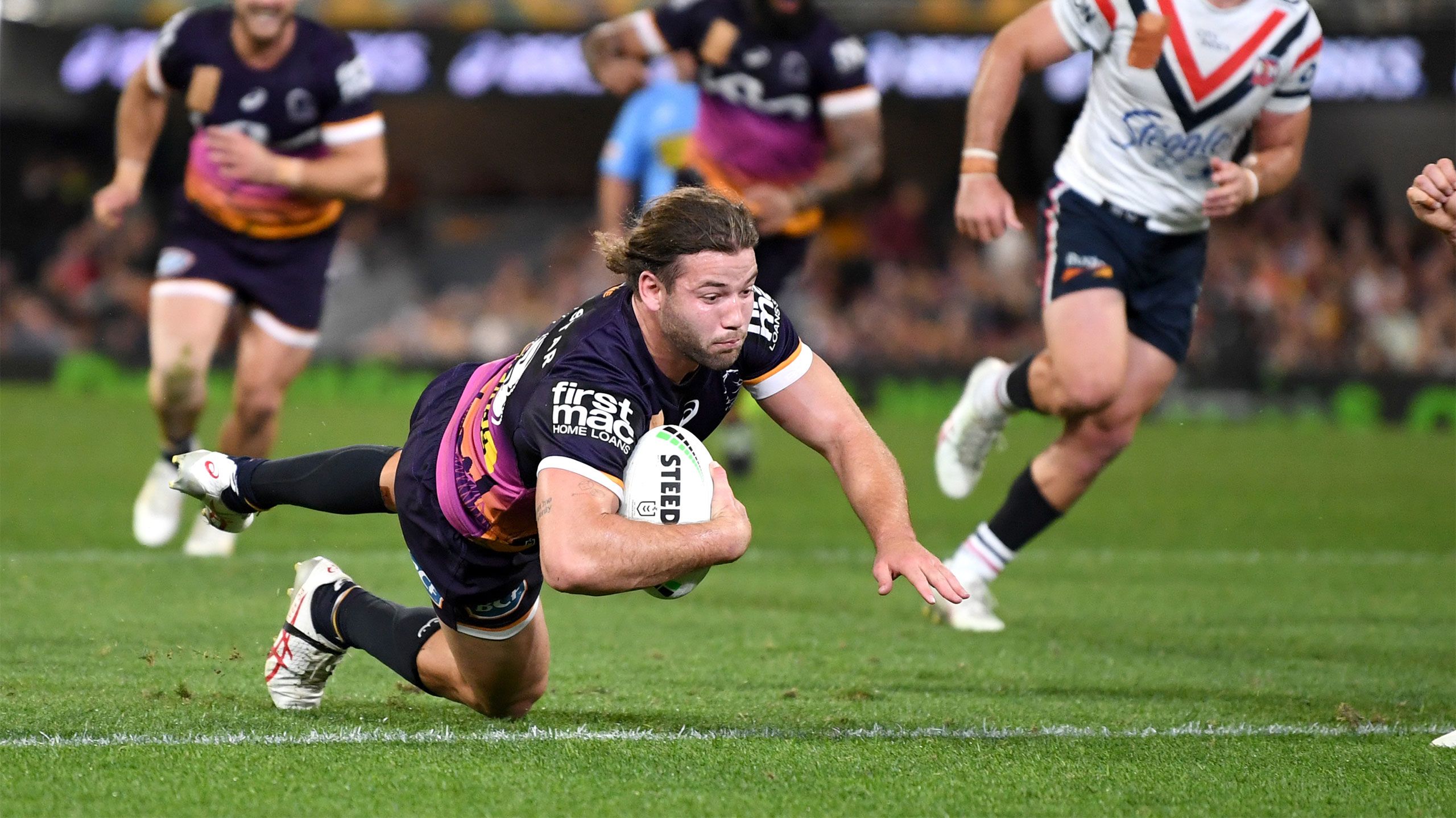 Pat Carrigan dives over the line to score his first NRL try in round 22.