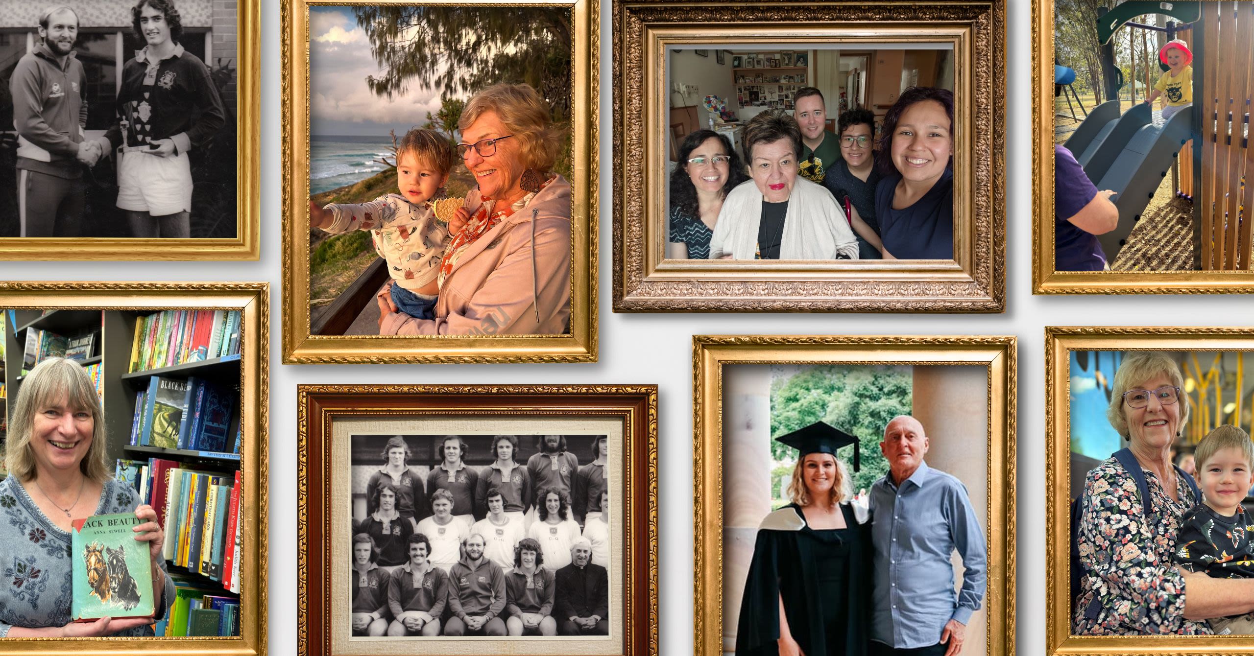 An collage of picture frames with photos of the UQ community and their grandparents or grandchildren.