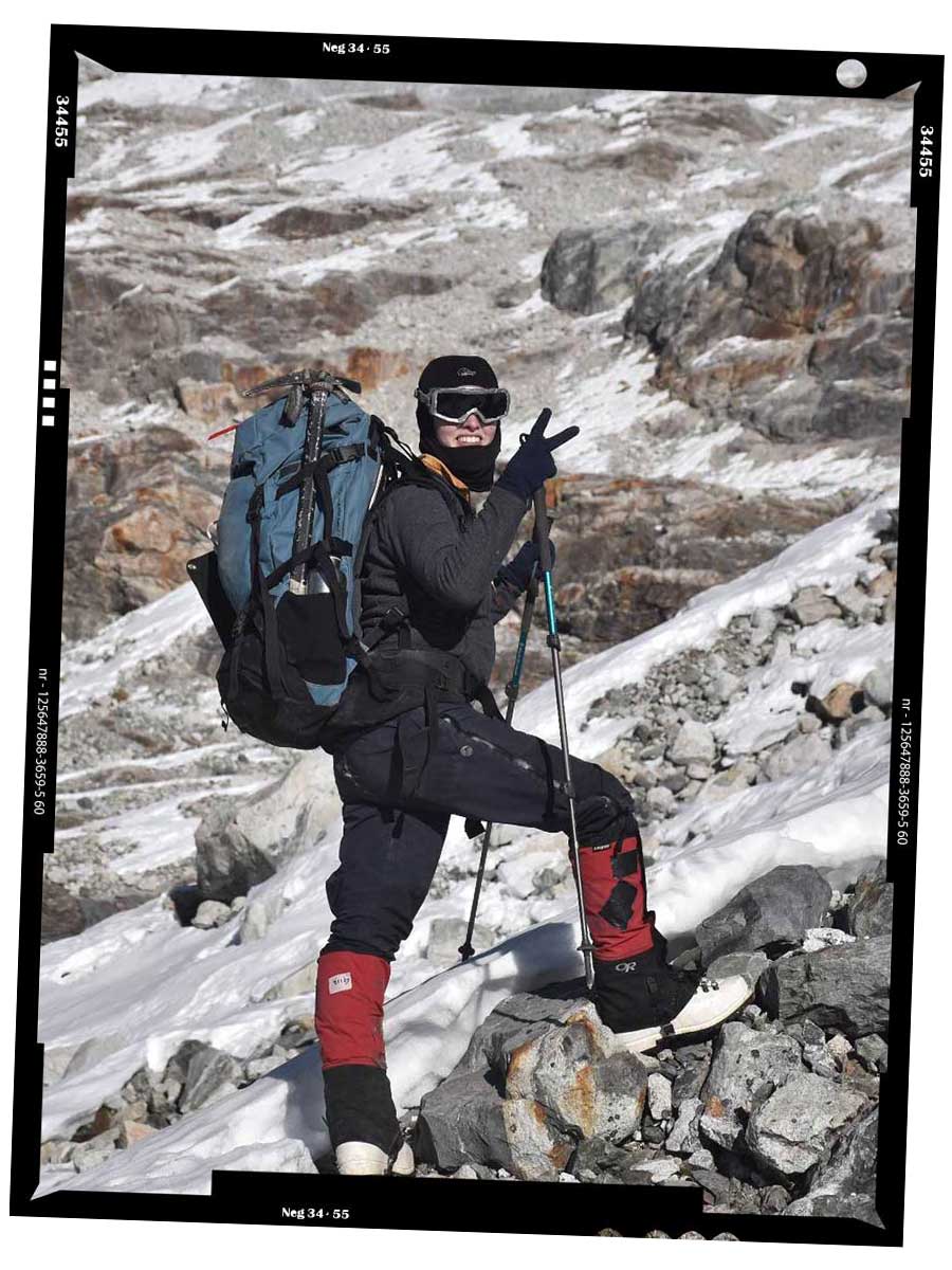 Emerald Gaydon navigates the rocky terrain during her summit of Tsorku Peak.