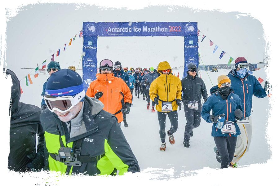 An image of Brett Clark among the crowd of runners at the starting line of the Antarctic Ice Marathon.