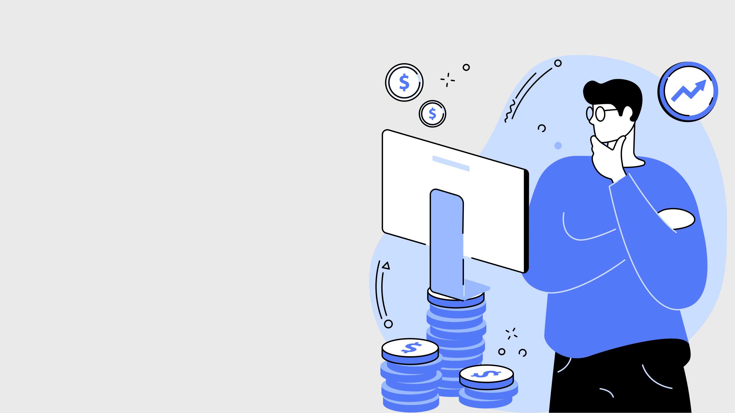 A cartoon illustration of a man looking at a computer screen with dollar and stock market icons.