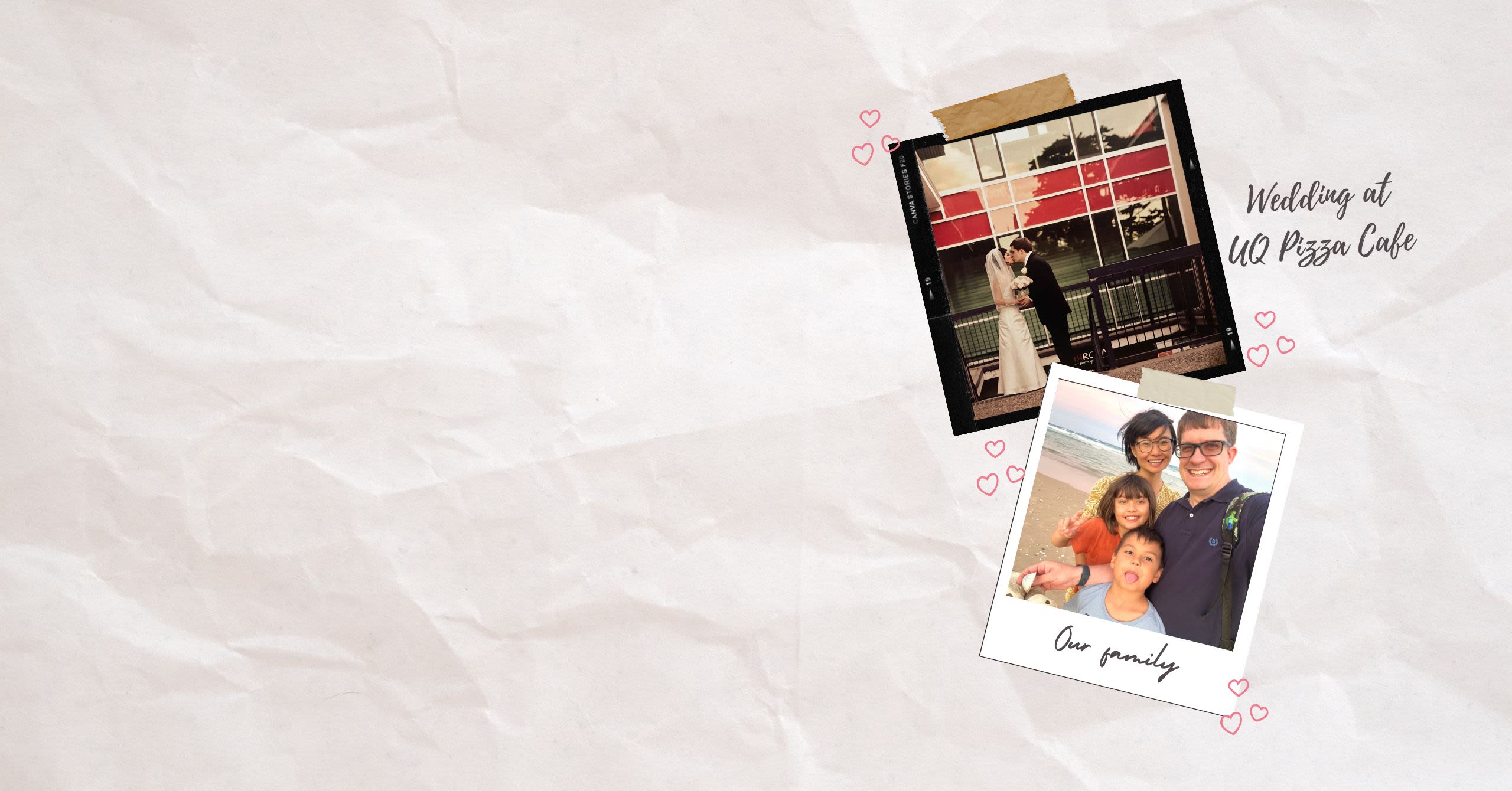 Image of Lei and Andrew on their wedding day at UQ and with their two kids at the beach.