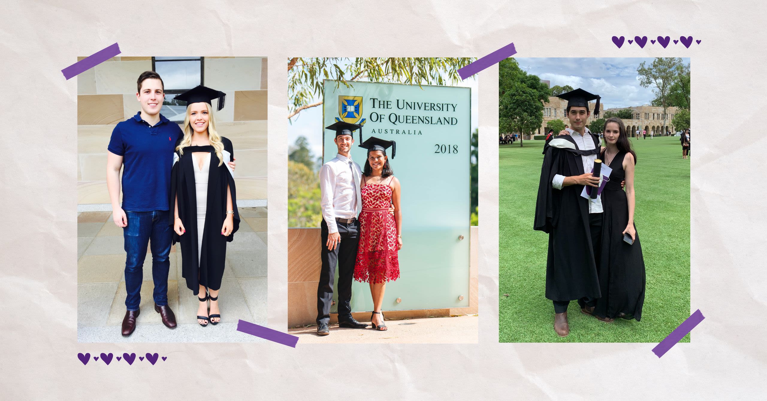 Images of various couples on their graduation days at UQ.