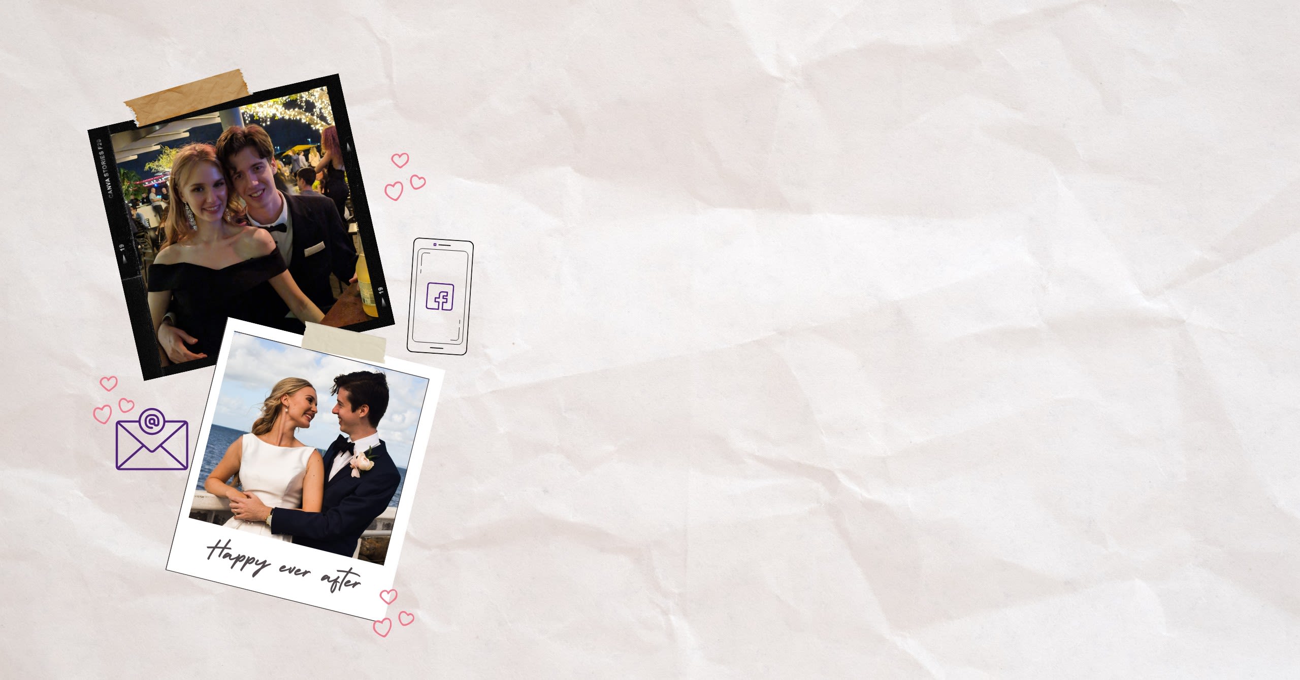 Image of Annick and Jeremy at a ball and on their wedding day.