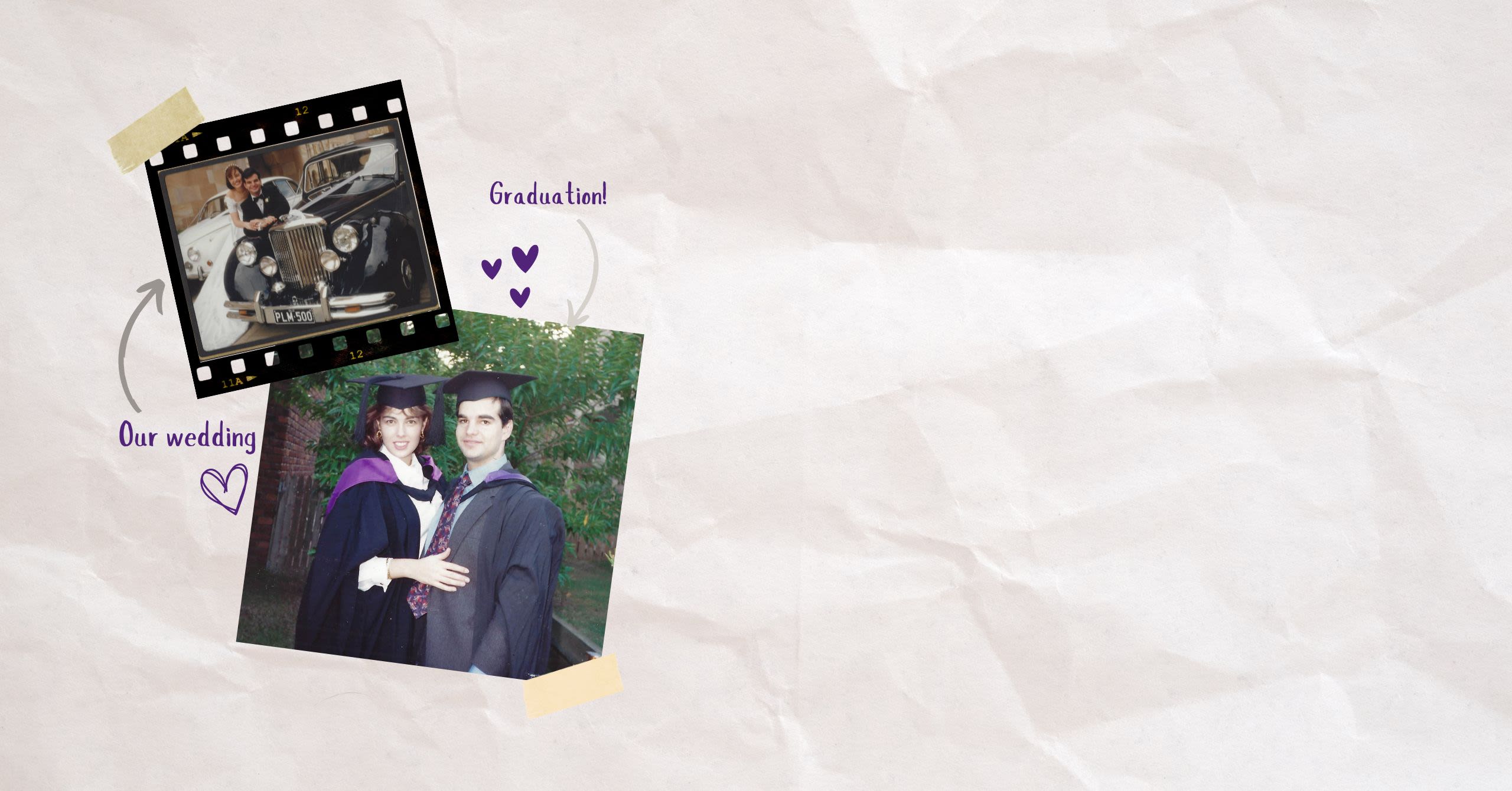 Images of Steven and Kaylene on their graduation day and at UQ on their wedding day.