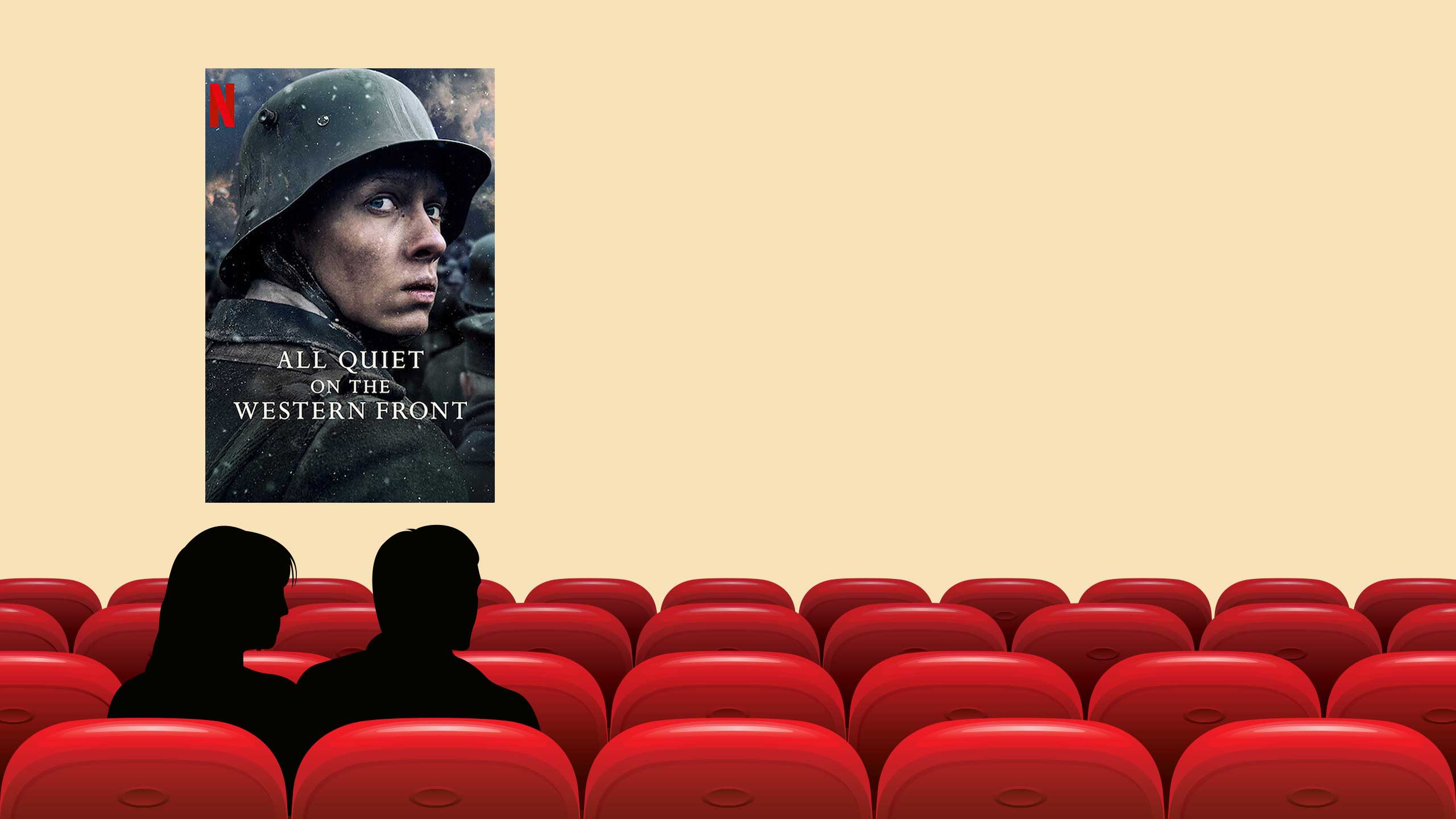 An illustration of sitting in a movie theatre among rows of red seats. The screen shows a poster for the film 'All Quiet on the Western Front'.