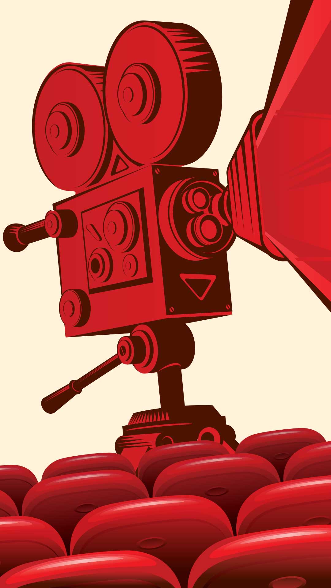 An illustration of an old-fashioned movie projector and rows of red seats.