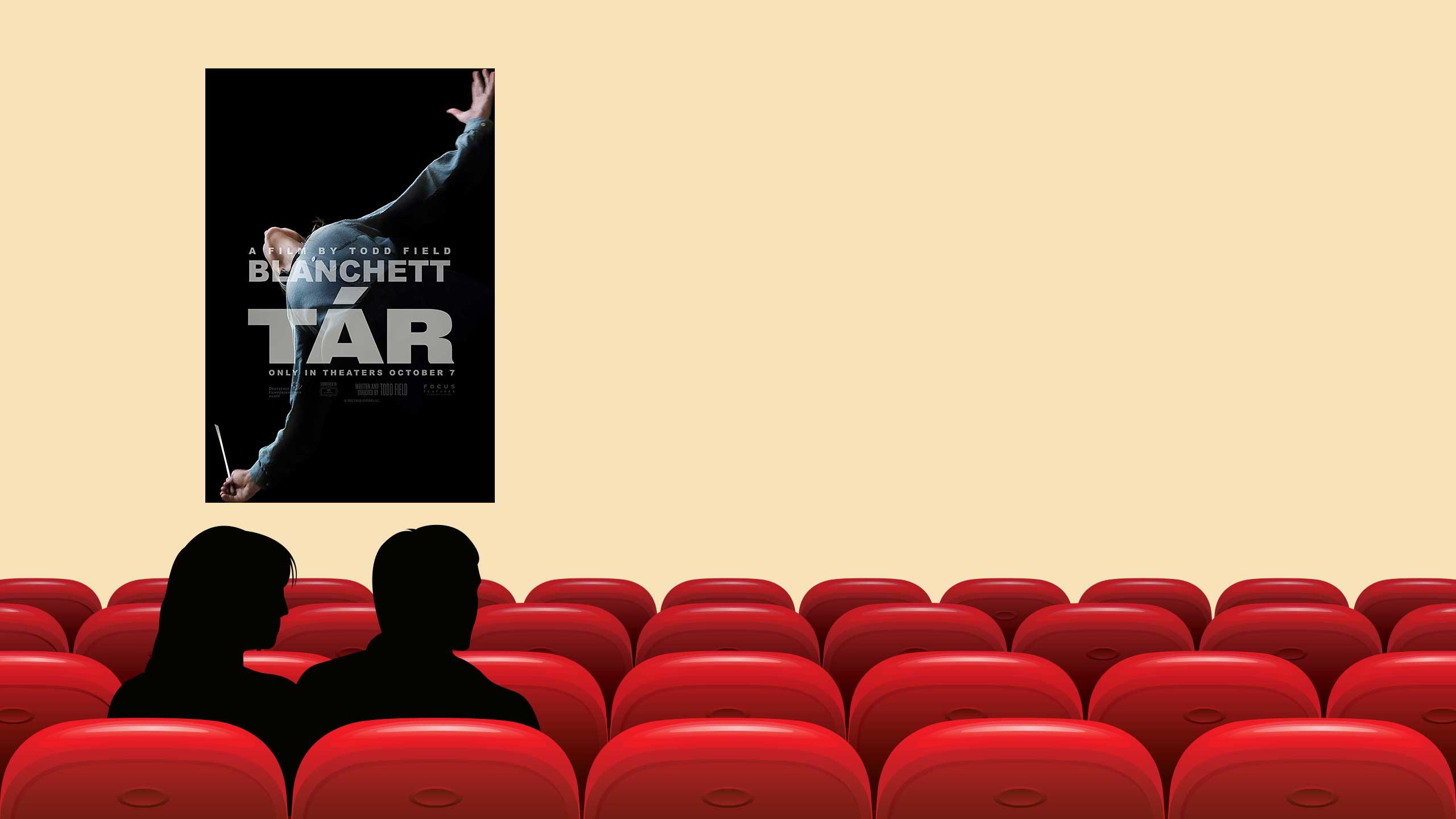 An illustration of sitting in a movie theatre among rows of red seats. The screen shows a poster for the film 'Tár'.
