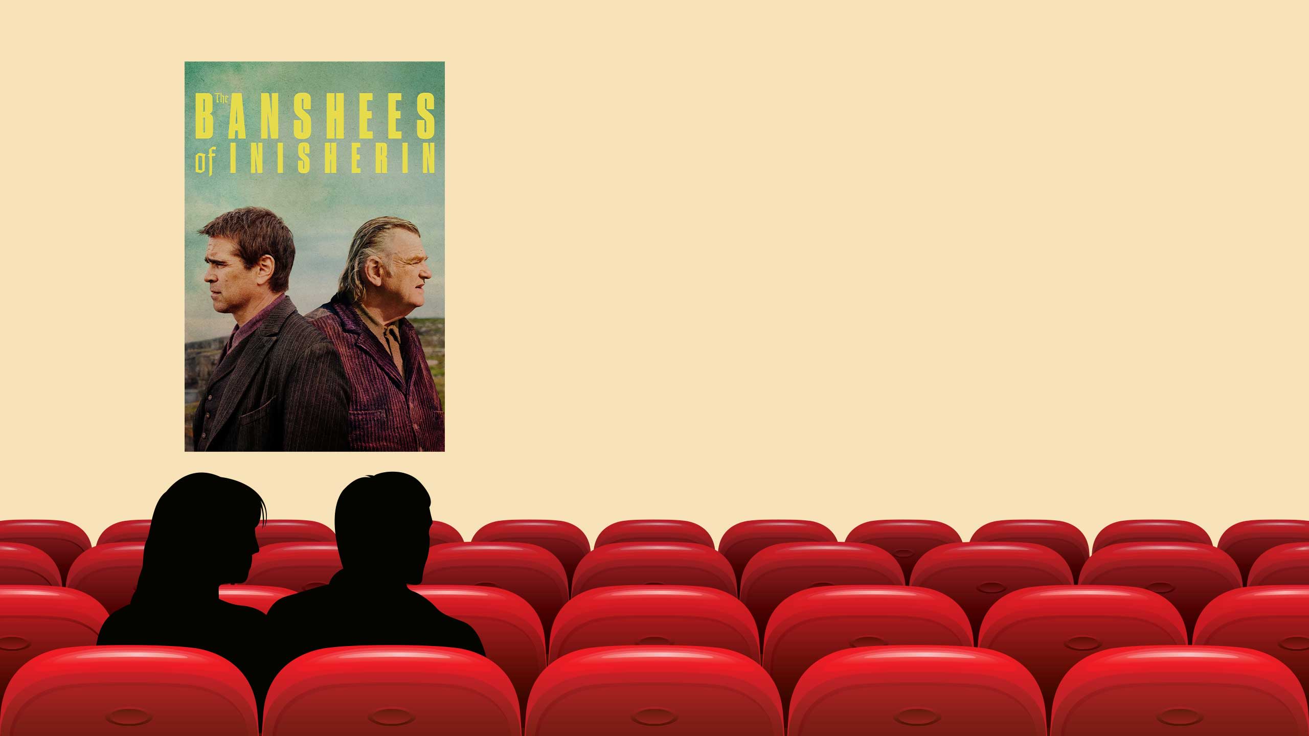 An illustration of sitting in a movie theatre among rows of red seats. The screen shows a poster for the film 'The Banshees of Inisherin'.