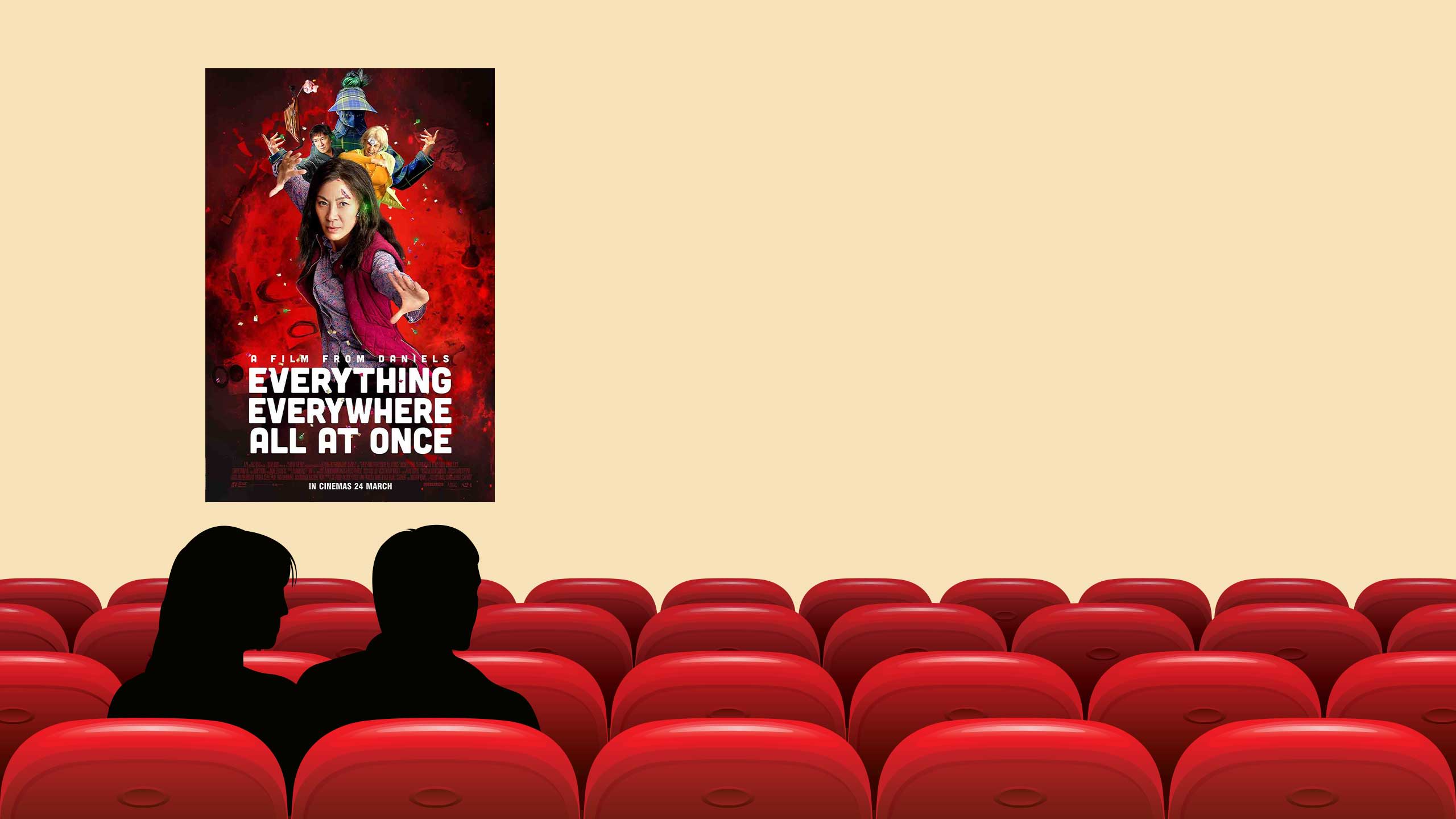 An illustration of sitting in a movie theatre among rows of red seats. The screen shows a poster for the film 'Everything Everywhere All At Once'.