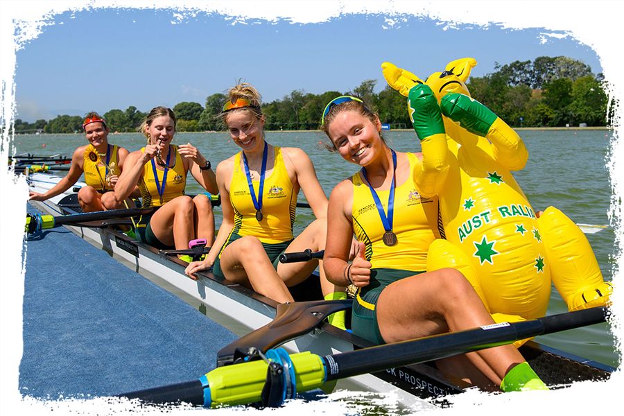 Phoebe Robinson (far left) and her Australian teammates after winning a bronze medal at the World Rowing Championships in Bulgaria.