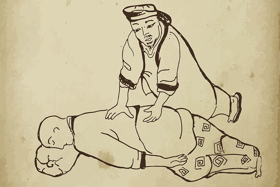 Drawing of an ancient Chinese man manipulating another man's back