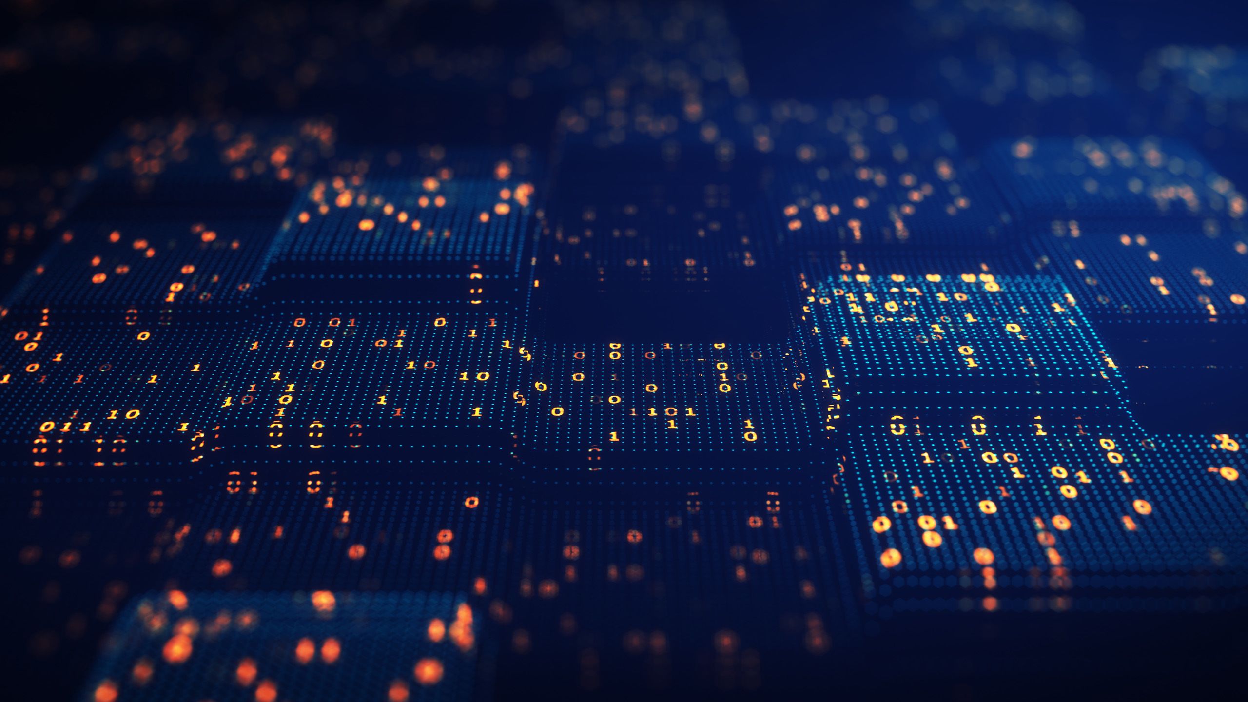 Zeroes and ones forming binary code scattered across a dark surface with blue lights