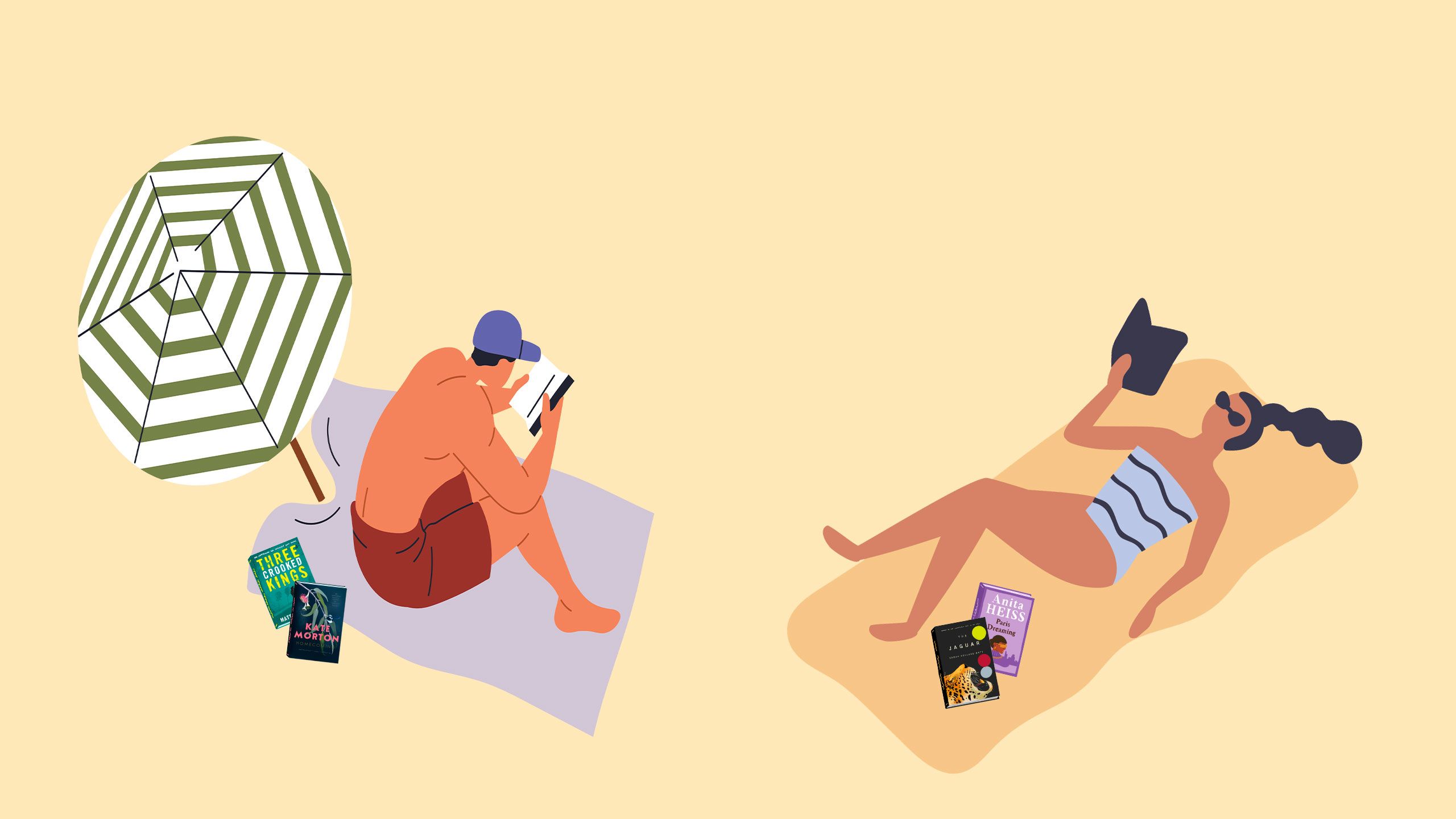 Illustrations of a man and woman on a beach reading books.