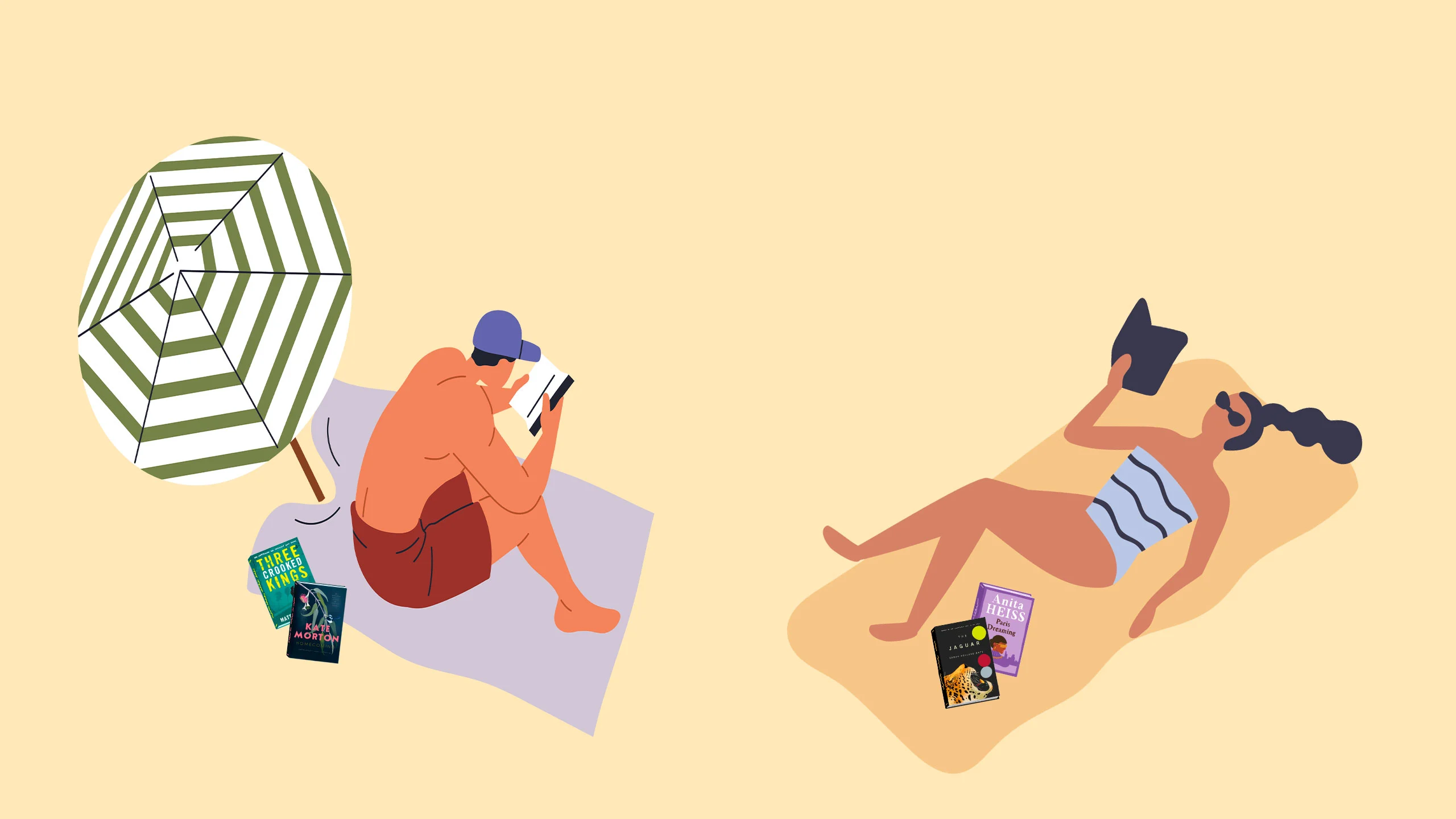 Illustrations of a man and woman on a beach reading books.