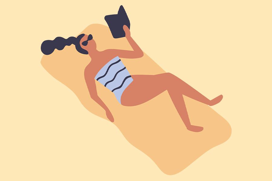 Illustration of a woman on a beach reading a book.