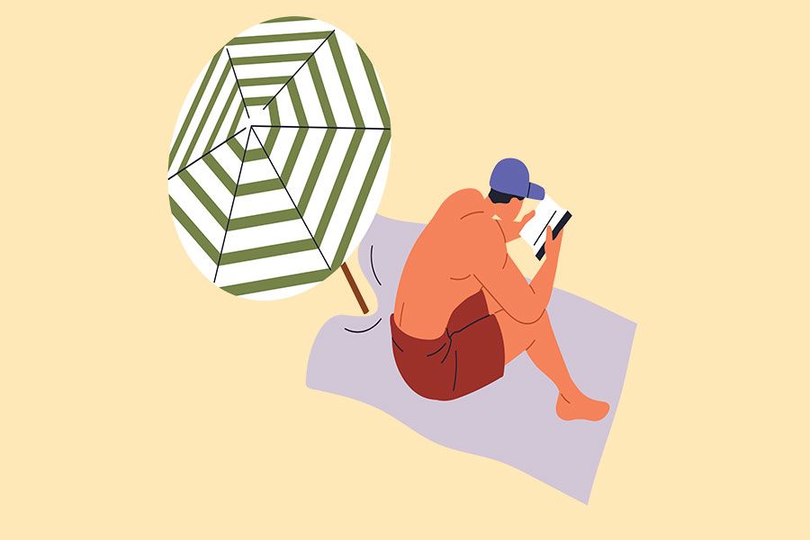 Illustration of a man on a beach under an umbrella reading books.