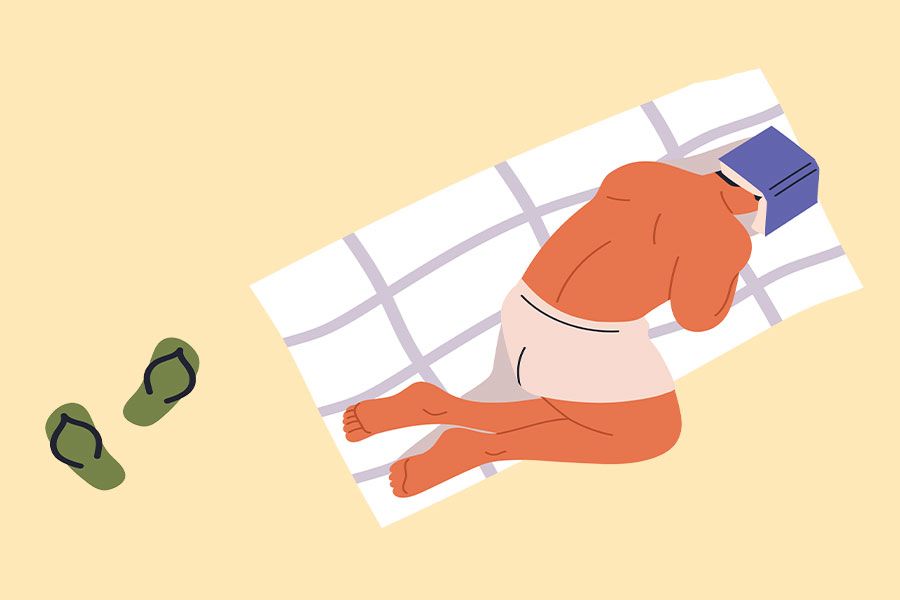 Illustration of a man lying on a towel on a beach with a book over his head.