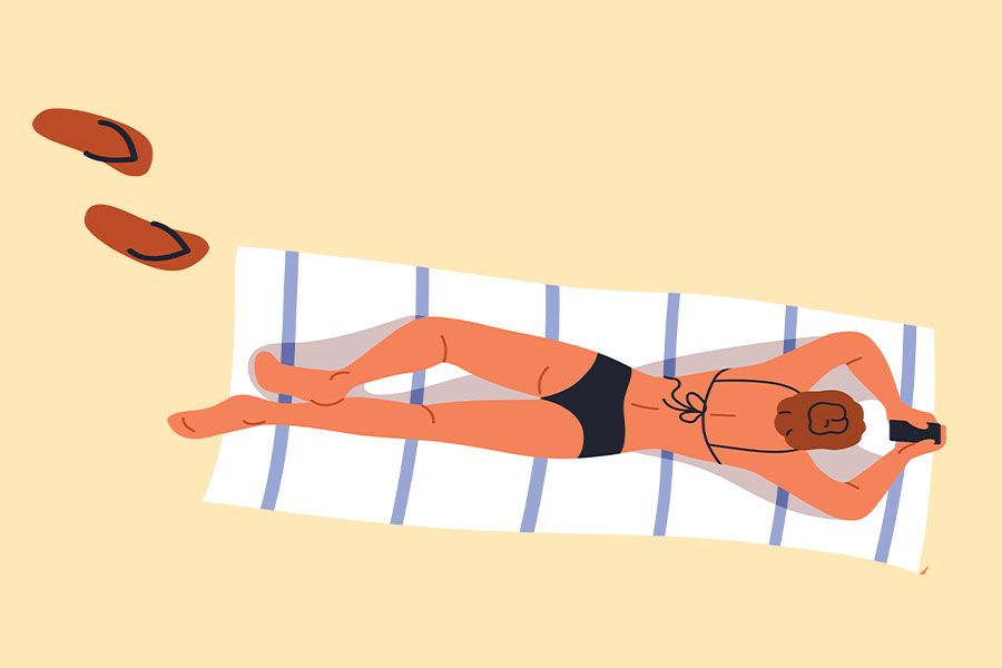 Illustration of a woman lying on a towel on a beach reading an e-book.