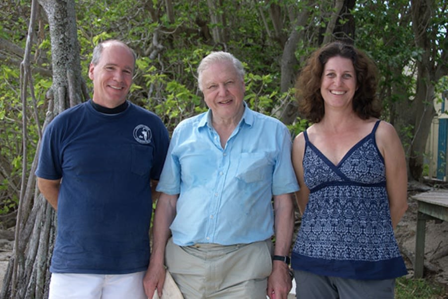 Professor Bernard Degnan, David Attenborough, and Professor Sandie Degnan standing in front of trees on a beach