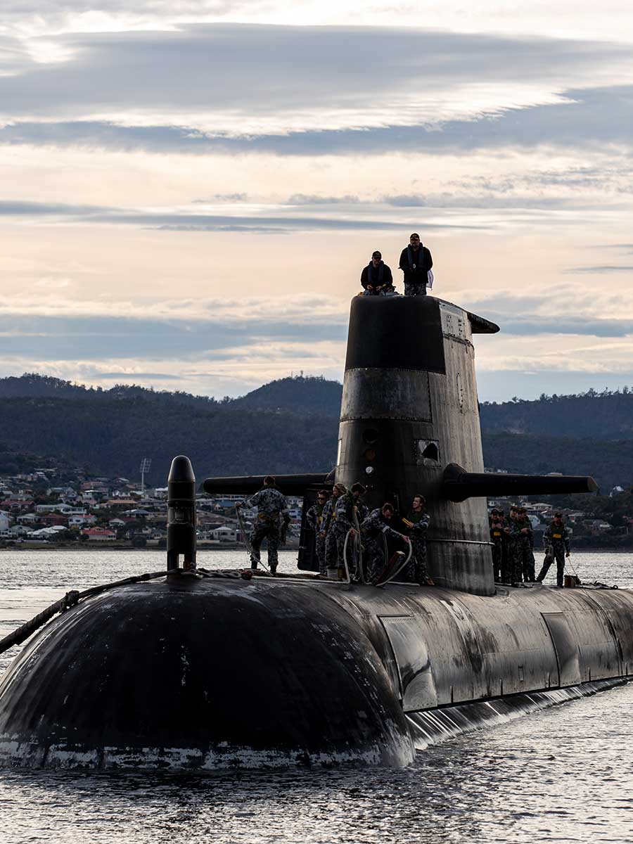 Royal Australian Navy submarine HMAS Sheean arrives for a logistics port visit oin Hobart, Australia. Australia, the United States and the United Kingdom have announced a new strategic defence partnership - known as AUKUS - to build a class of nuclear-propelled submarines and work together in the Indo-Pacific region.