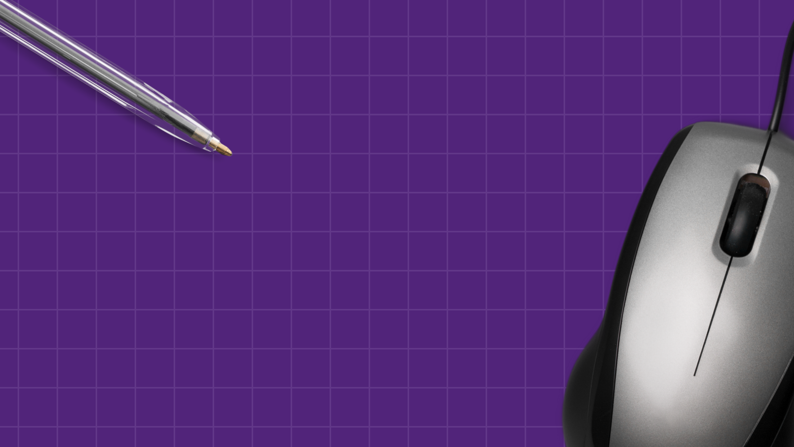 Purple grid background, with pen and flowers