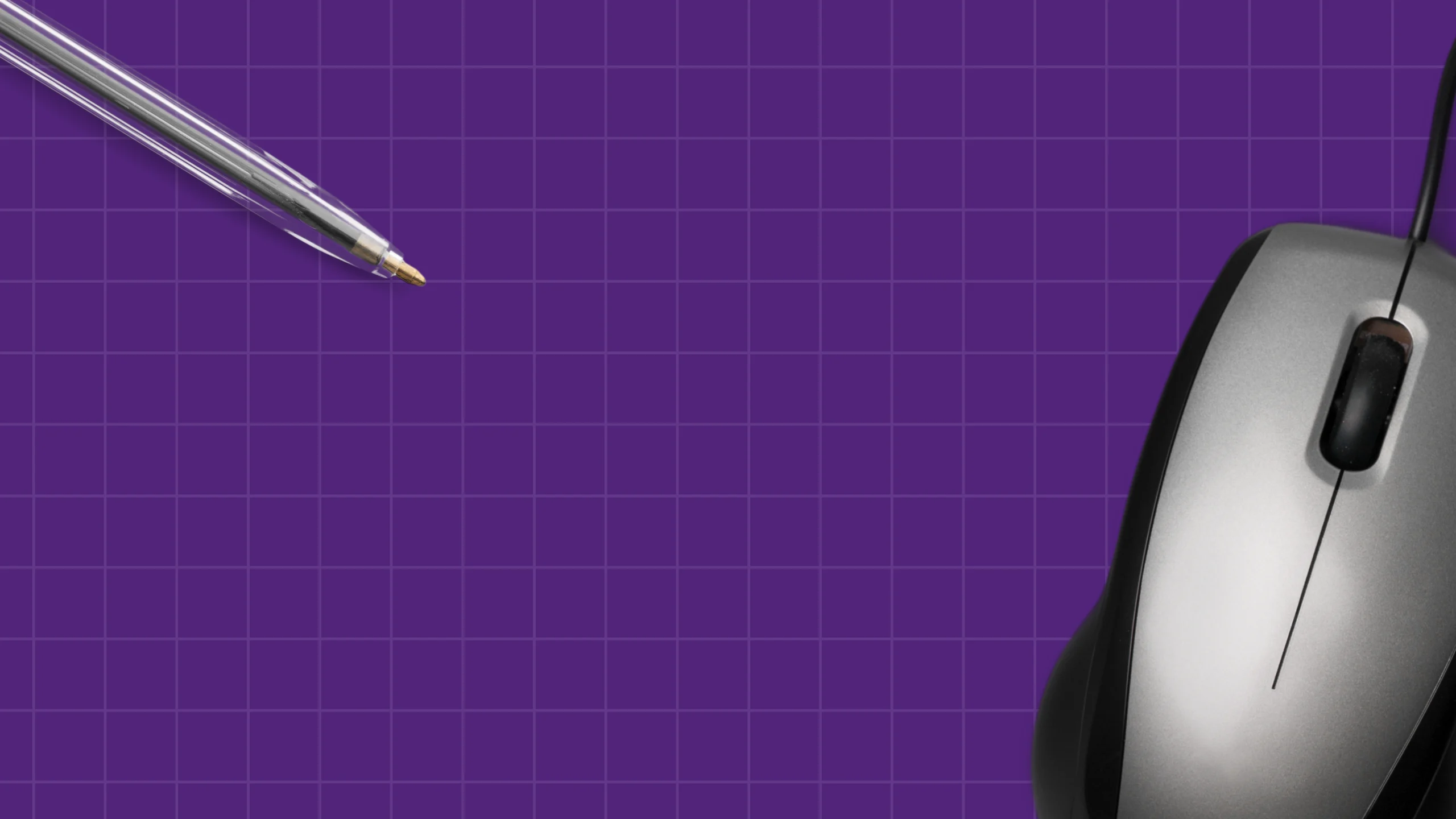 Purple grid background, with pen and flowers