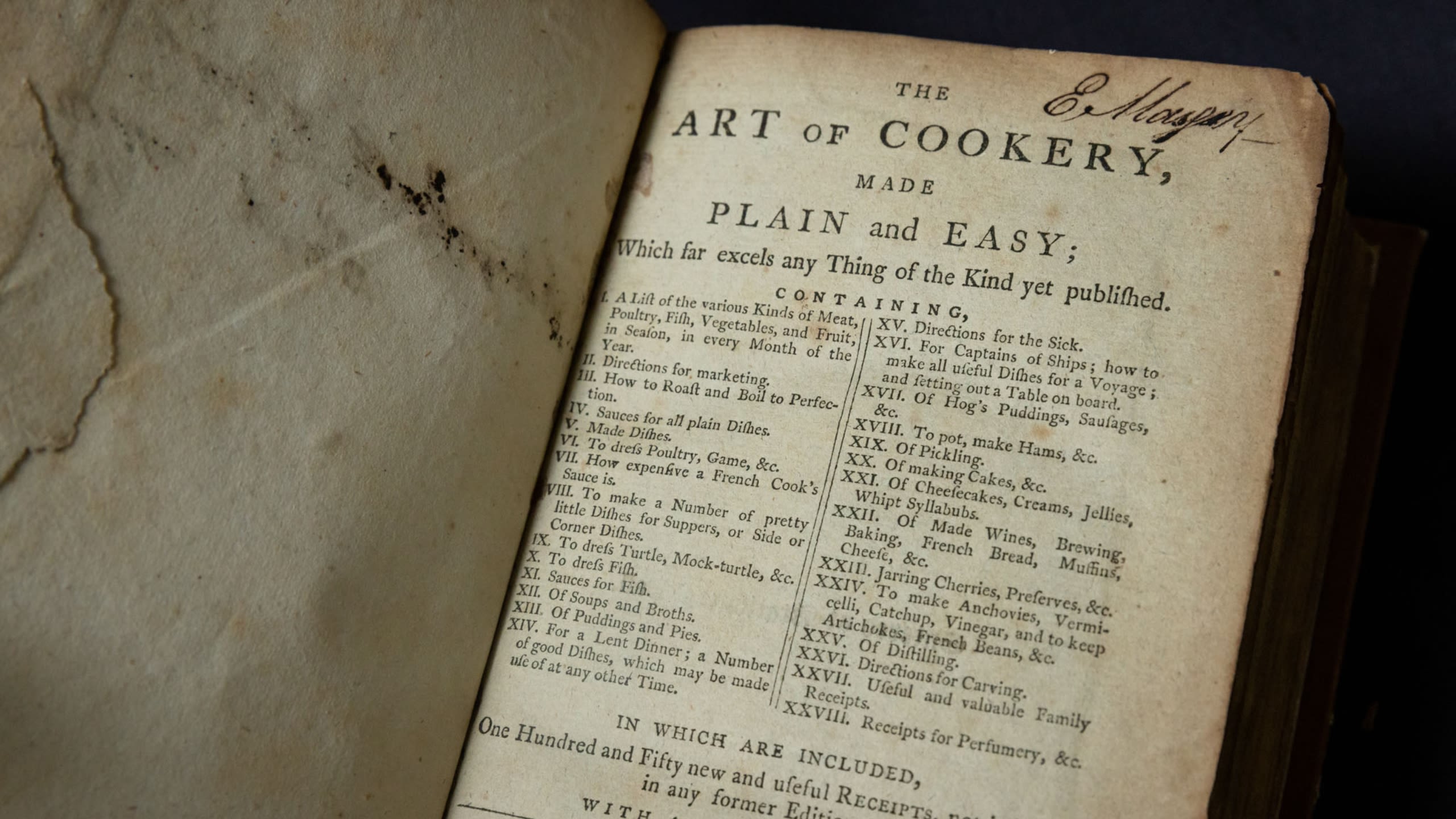 The inside cover and contents page of the Art and Cookery. The pages are browned and faded.
