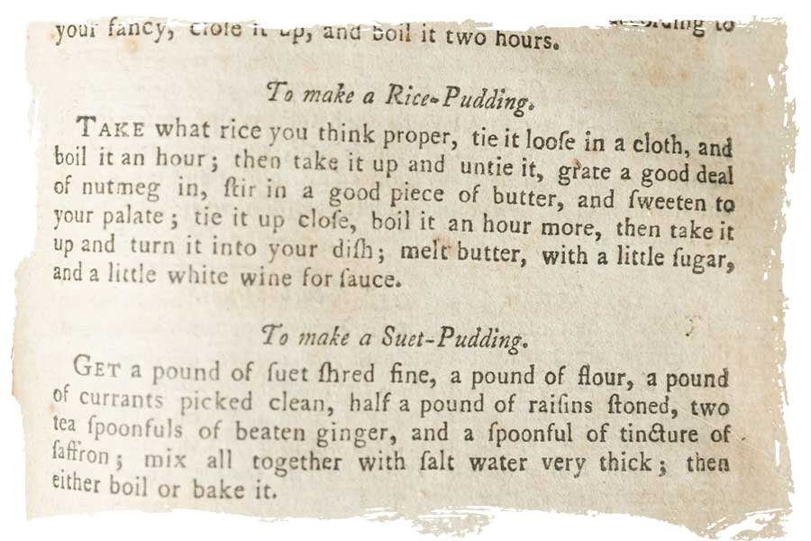 A photo of a rice pudding recipe from Mrs Glasse's cookbook