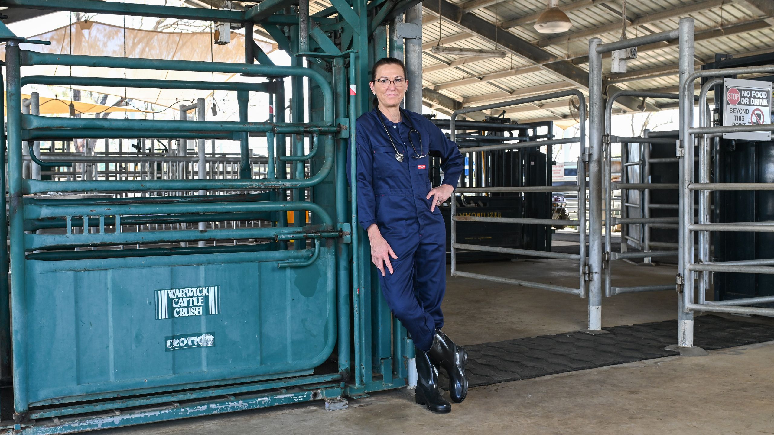 An image of first-year Bachelor of Veterinary Technology student Yasmine Gray, wearing overalls and gumboots, standing next to a cattle crush at UQ's Gatton campus.