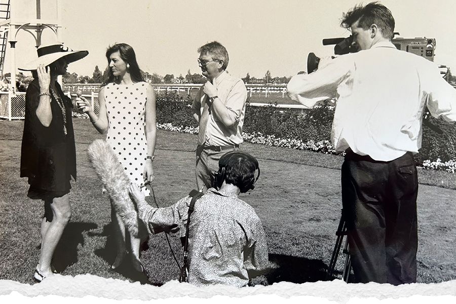 Yasmine Gray reporting for Channel 10 at the 1991 Melbourne Cup. She covered all the celebrity interviews and colour from the event, and was the first reporter to do live crosses of this nature from the field.