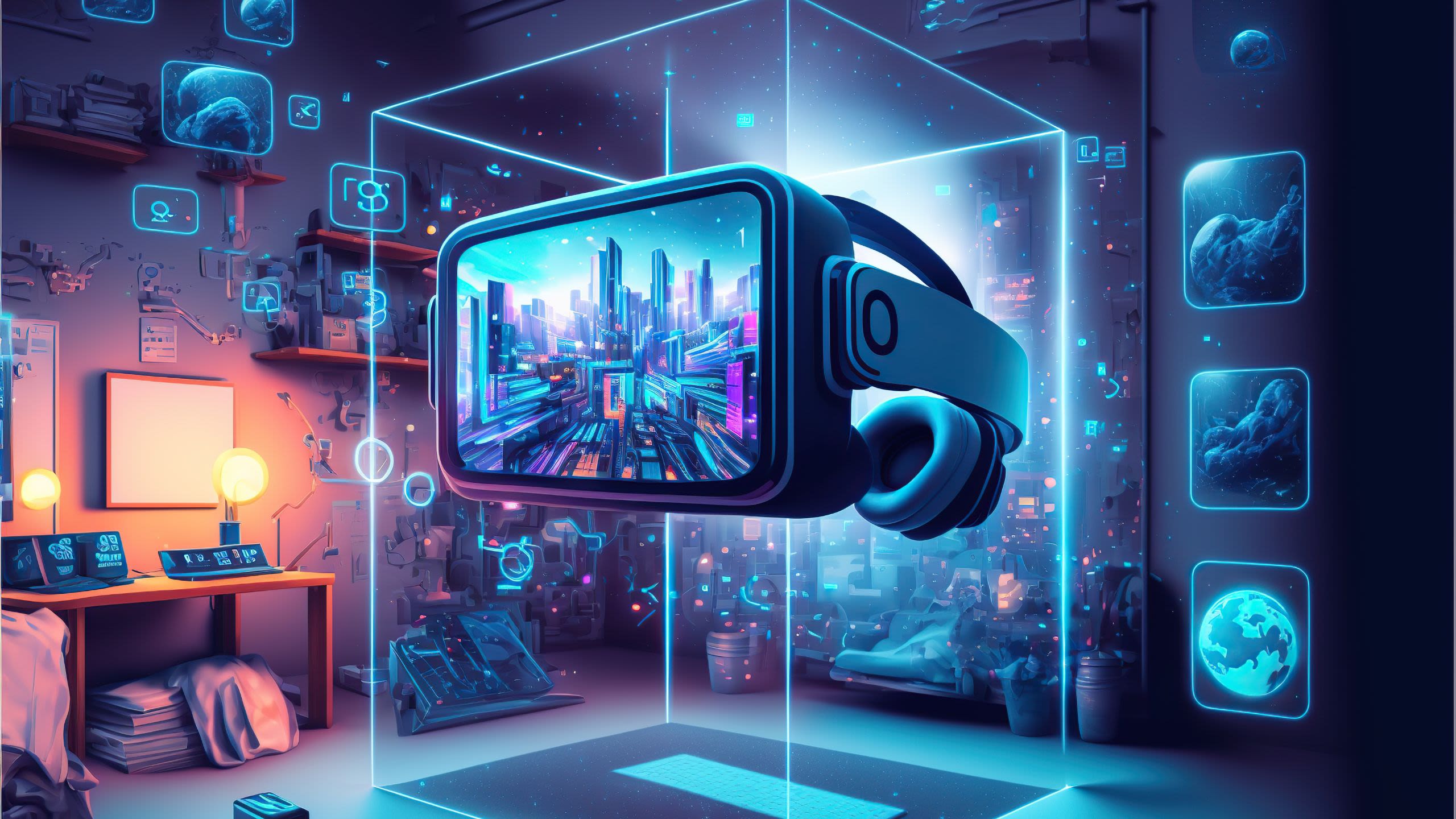 A room full of technology and blue neon lights. A large VR headset floats in mid air with a picture of skyscrapers on the lens