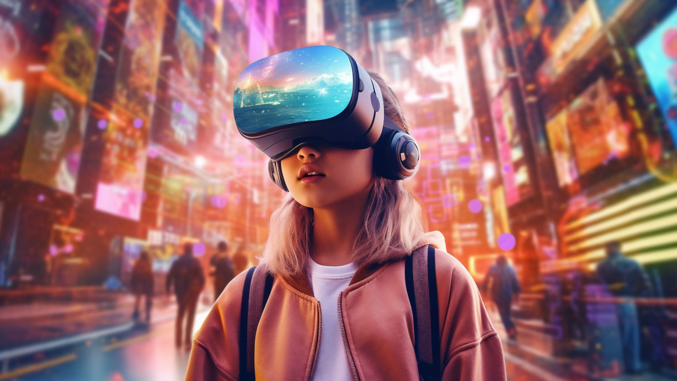 A girl standing in the city streets with pink hair wearing virtual reality goggles that show her the ocean
