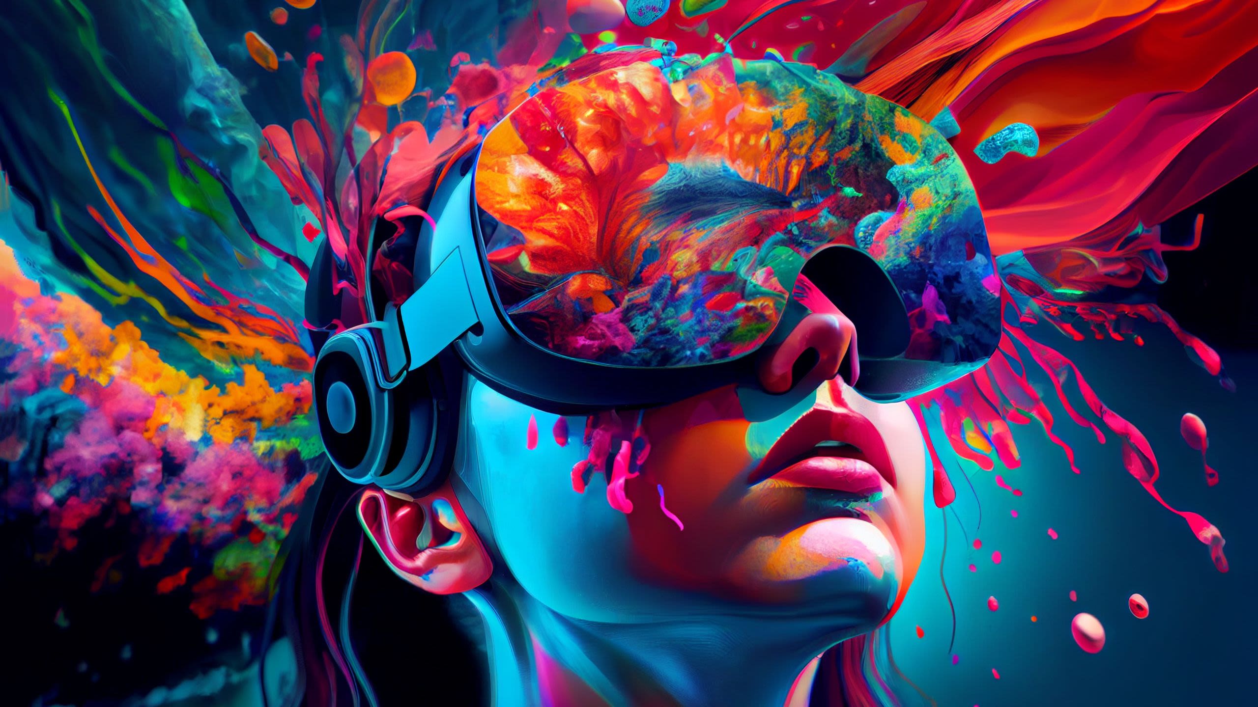 An abstract painting of orange, pinks, and blues, with a girl wearing a VR headset