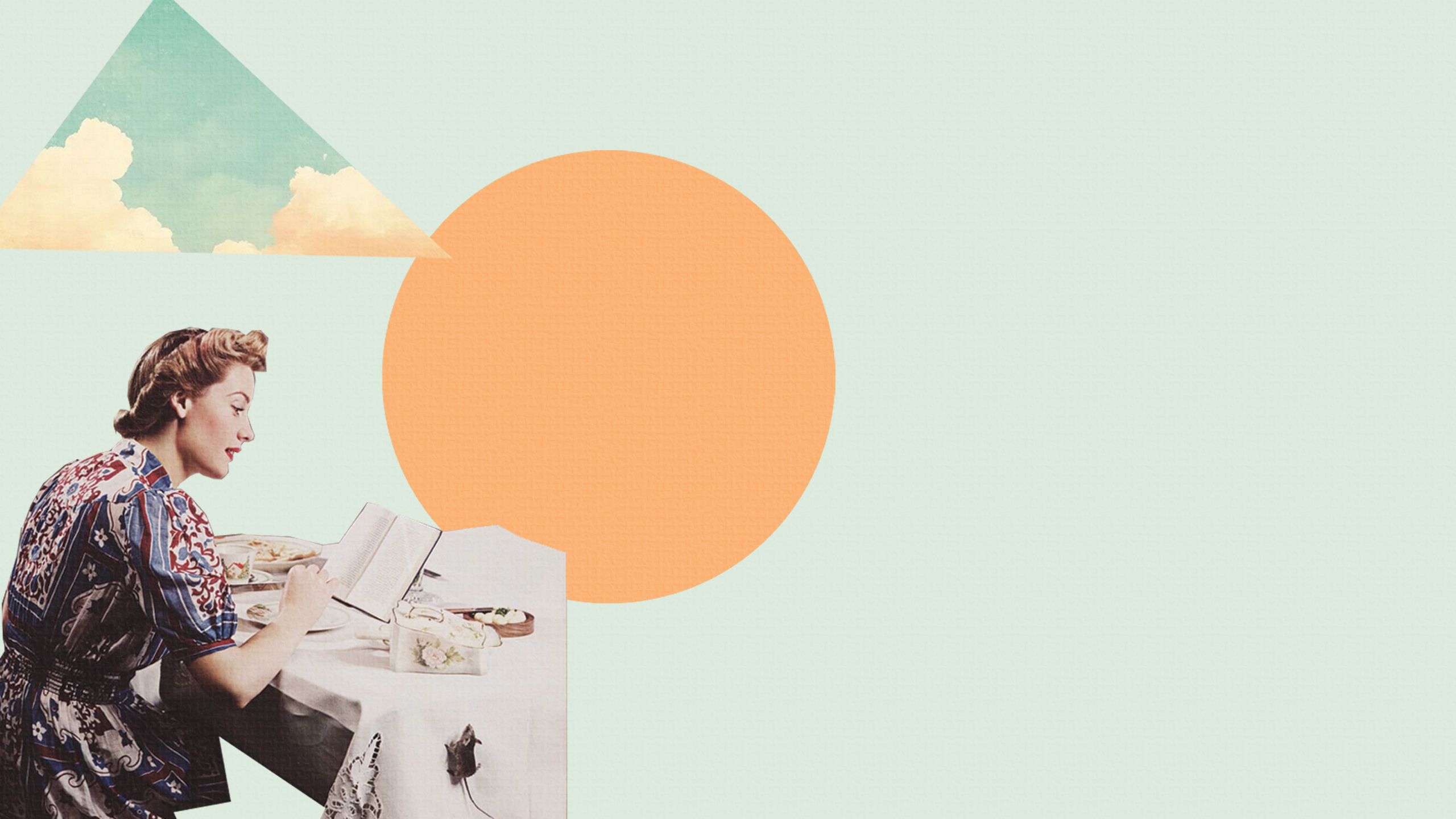 Collage of an old-style magazine cutout - a woman in a dress reading at a table