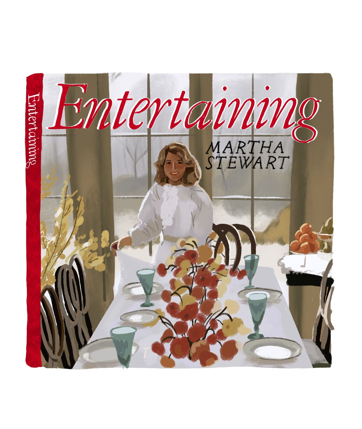 Illustrated image of a book cover with flowers on a table and the word 'entertaining' 