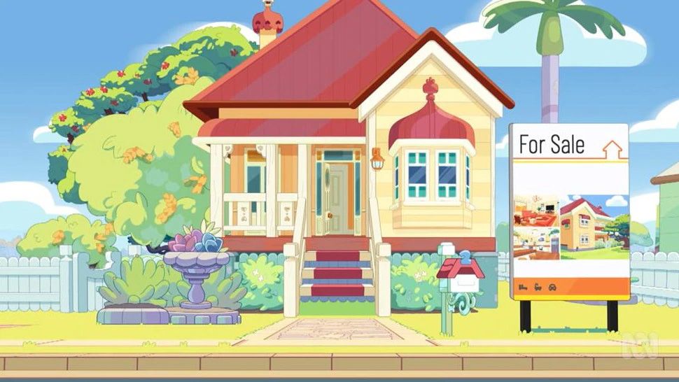 An image of a a cartoon house in pastel colours with a 'for sale' sign ou thr front