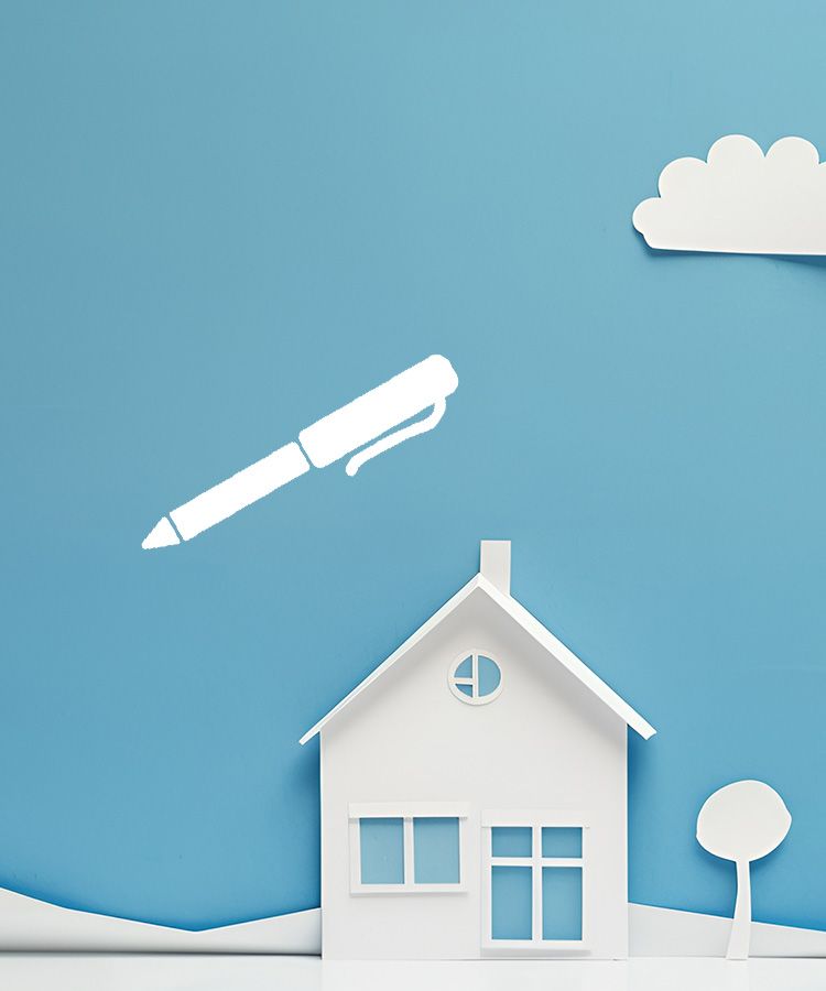 Paper art style of house on the mountain and blue sky with clouds.