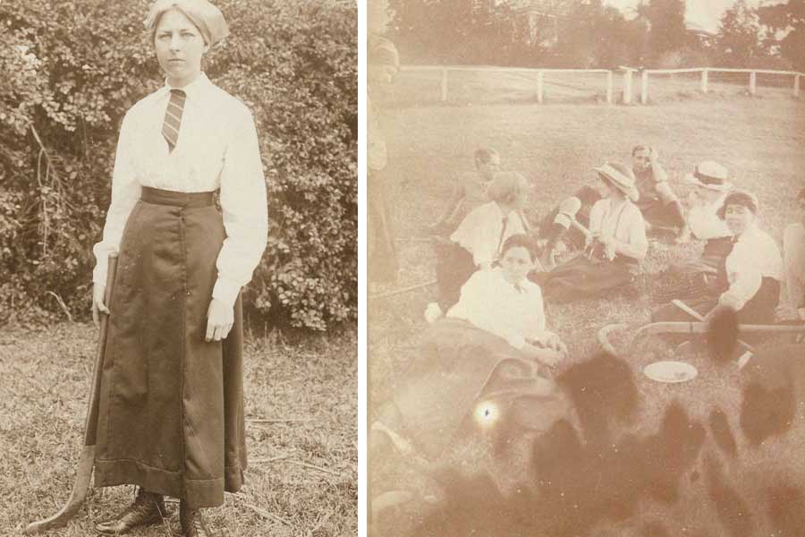 UQ hockey player Louie (Louisa) Wilkie in 1913 (left) and members of the UQ Women's College hockey team resting in 1914.