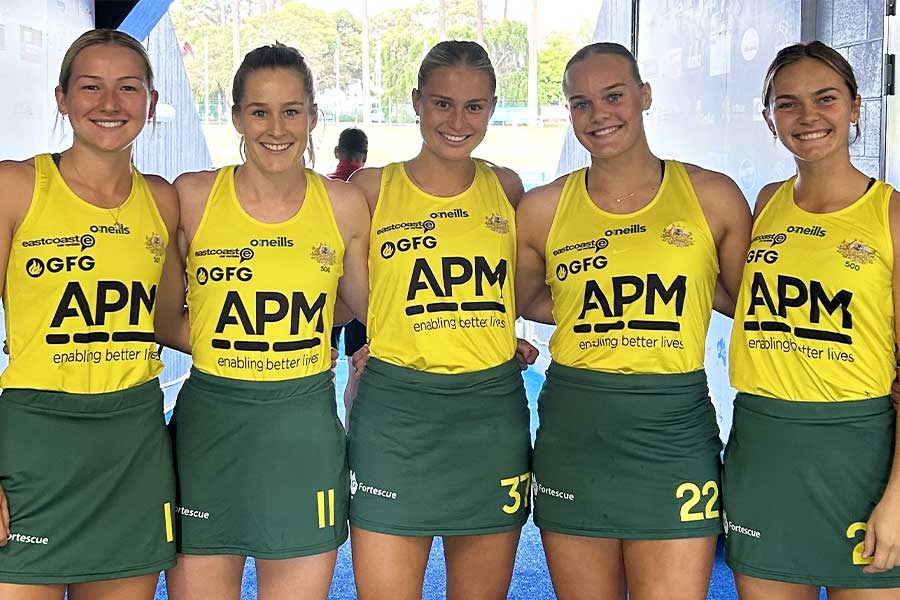 Five current and former UQ Hockey club players – Claire Colwill, Meg Pearce, Morgan Gallagher, Tatum Stewart, and Beck Greiner – in the same Hockeyroo side in 2023.
