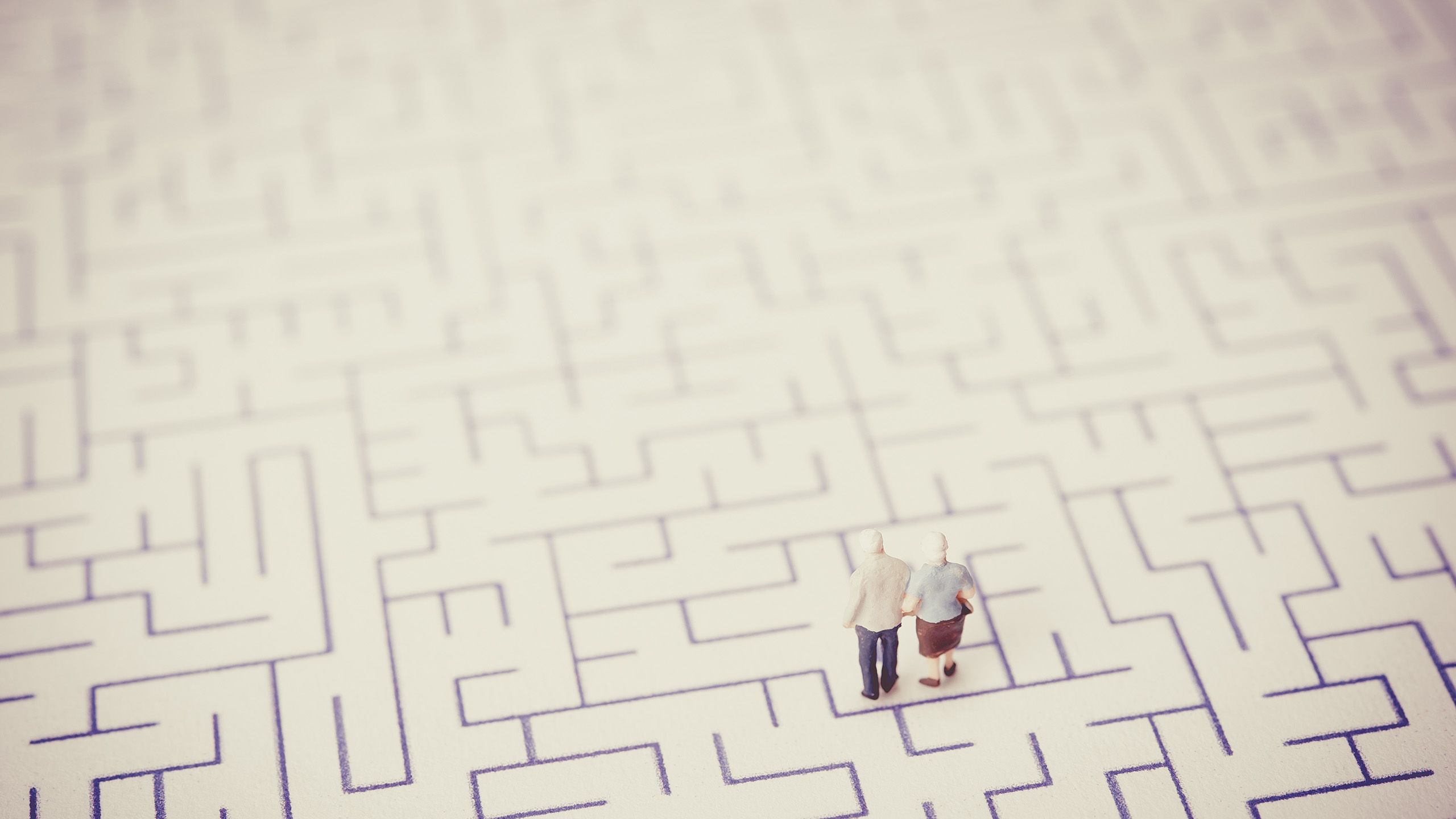 Older man and woman standing in a maze.
