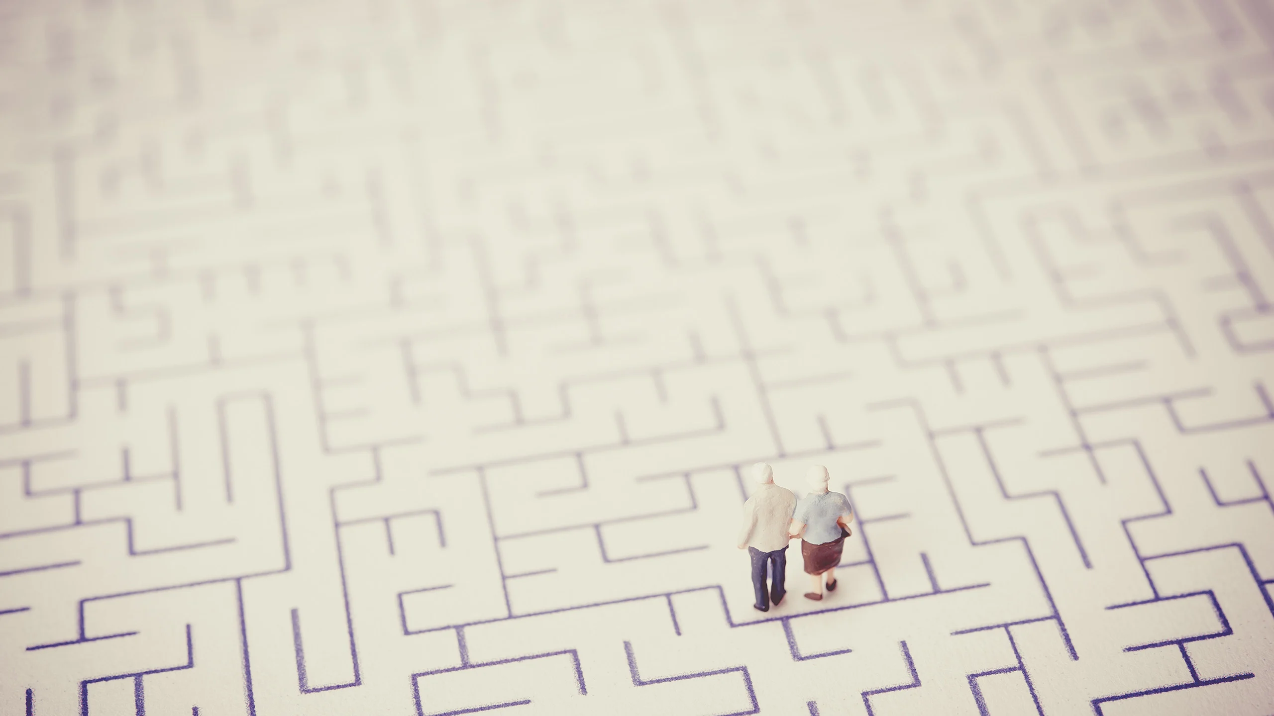 Older man and woman standing in a maze.