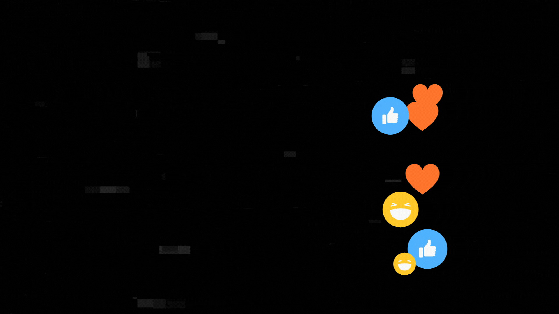 Black static screen background with a stream of laughing, heart and thumbs up emoji reactions on one side.